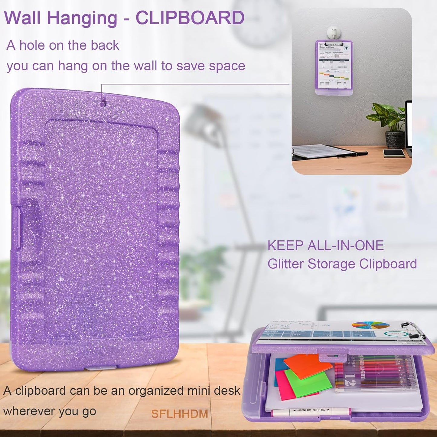 Glitter Clipboard with Storage,Storage Clipboard with Pen Holder,A4 Binder Clip Boards 8.5x11 with Low Profile Clip,Side Opening Sparkle Clipboards, Clipboards Folder for Office Supplies-Pale Purple