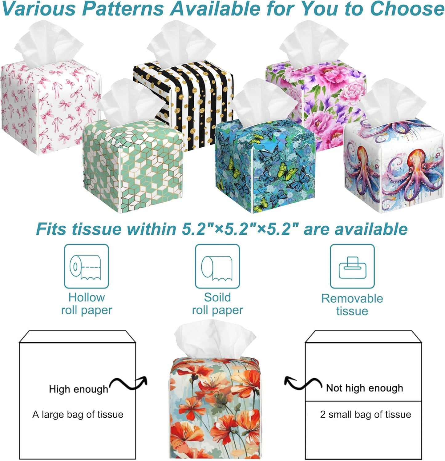 Watercolor Flowers Tissue Box Holder,Vintage Leaves Square Leather Tissue Box Cover,Waterproof Modern Napkin Holder Organizer for Car Bathroom Nightstand Vanity Office Tabletop,5.2" x 5.2" x 5.2"