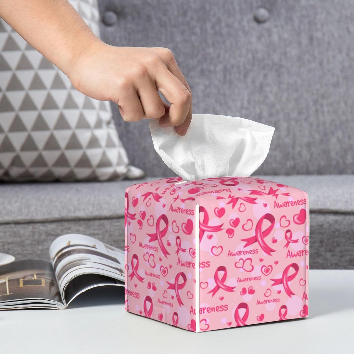 Breast Cancer Awareness Tissue Box Cover Square,Ribbons and Hearts Tissue Box Holder Waterproof Leather Facial Paper Organizer Dispenser for Bathroom Home Car Nightstand Vanity Desk