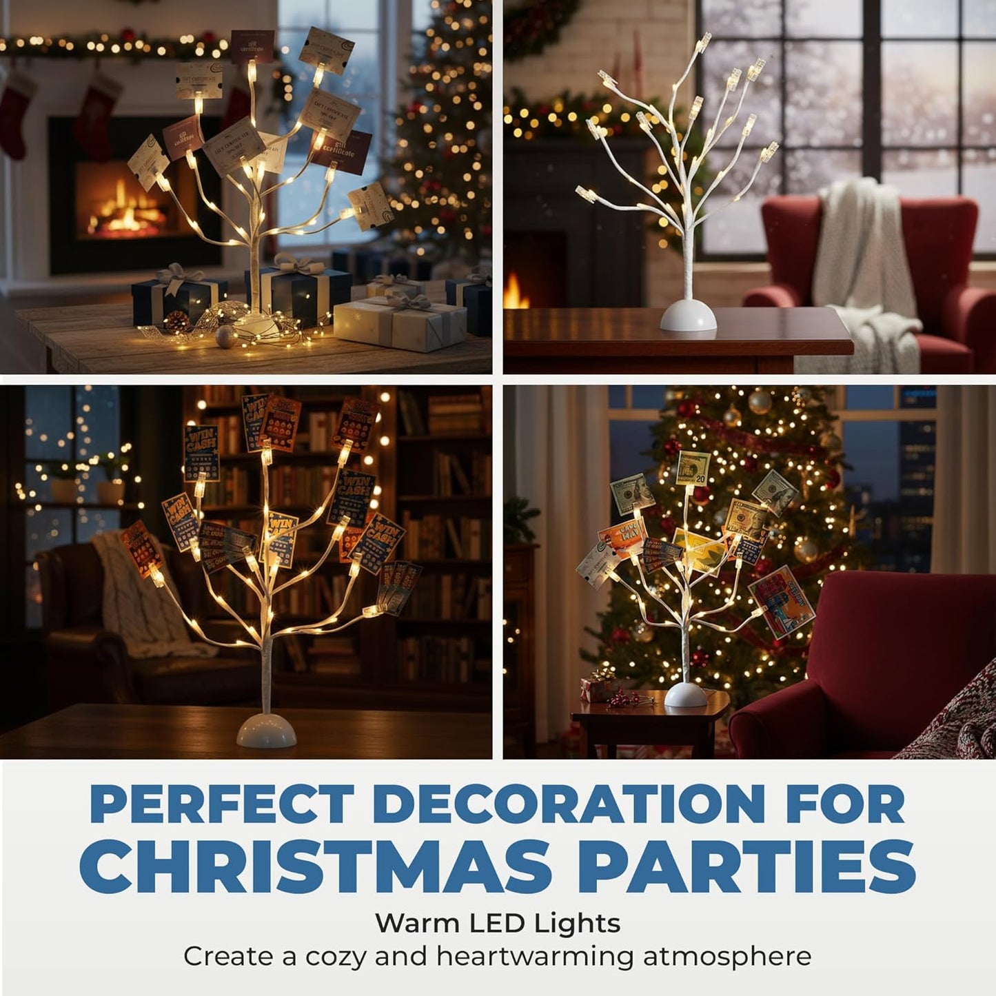 CraftyCrocodile LED Gift Card Tree Holder - Metal Display Stand with 10 Flexible Clips for Photos, Money, Lottery Tickets, Cards & Notes - 25 Warm Lights