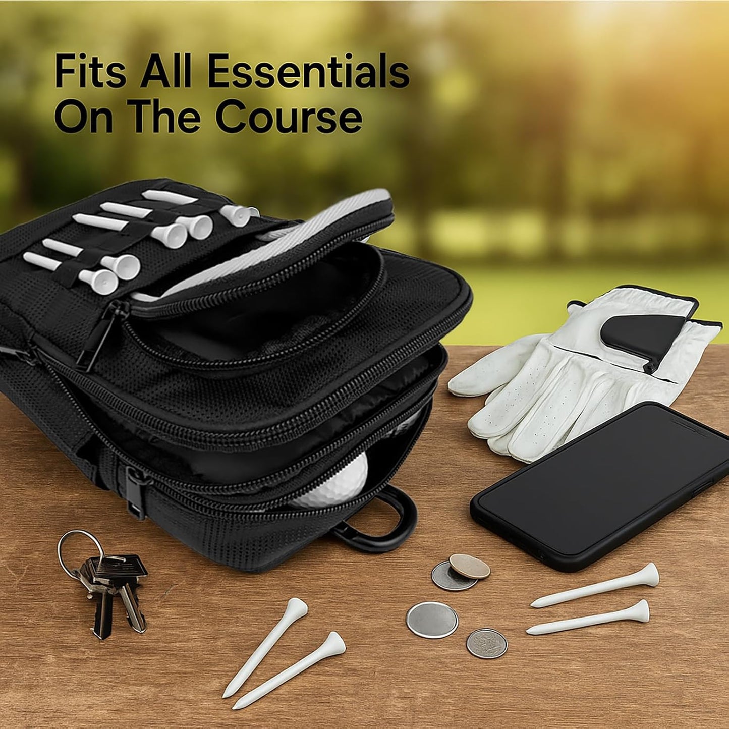 Tactical Golf Valuables Pouch with Clip-On Carabiner – Water-Resistant Golf Tee Bag Pouch for Belt, Cart or Backpack – Compact Golf Accessory Bag for Balls, Tees, Gloves & EDC Gear Black/White