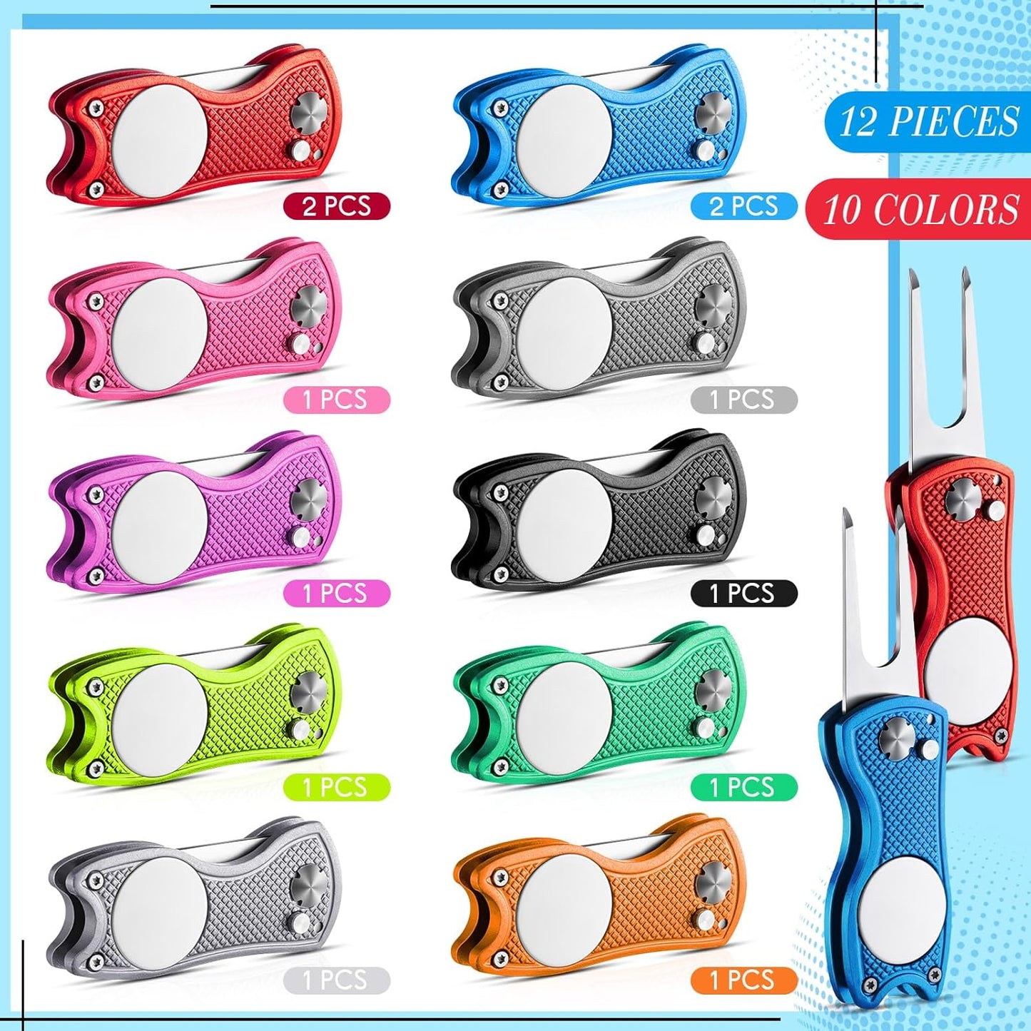 Poen 12 Pcs Golf Divot Tool Golf Repair Tool with Magnetic Ball Marker and Popping Button Metal Foldable Switchblade Repair Fixer for Golfers Prizes