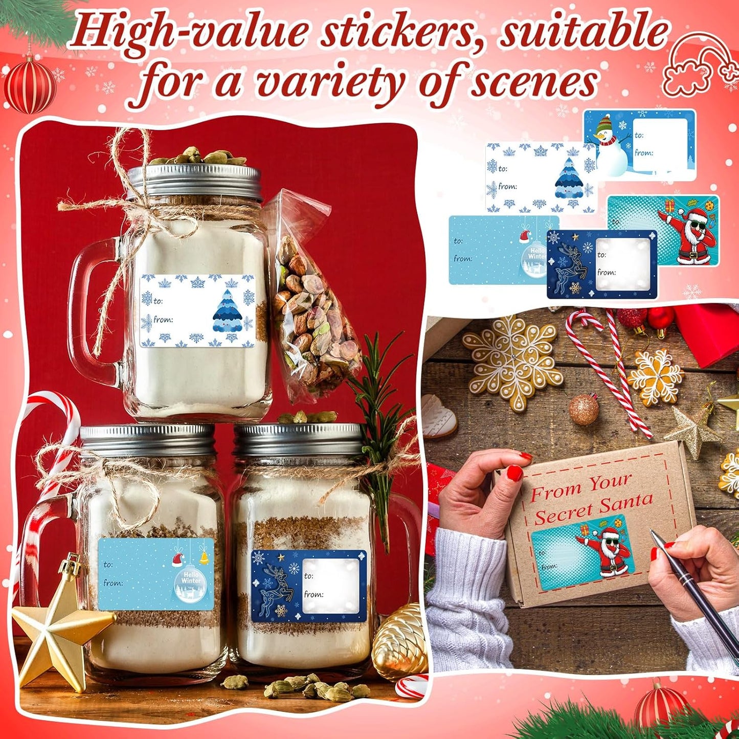 Outus 500 Pieces Christmas Tags Self Adhesive Gift Tags for Xmas Presents Christmas Name Labels Stickers for Wrapping Paper Festival Birthday Holiday Decor(Winter Style,2.76 x 1.57 Inch)