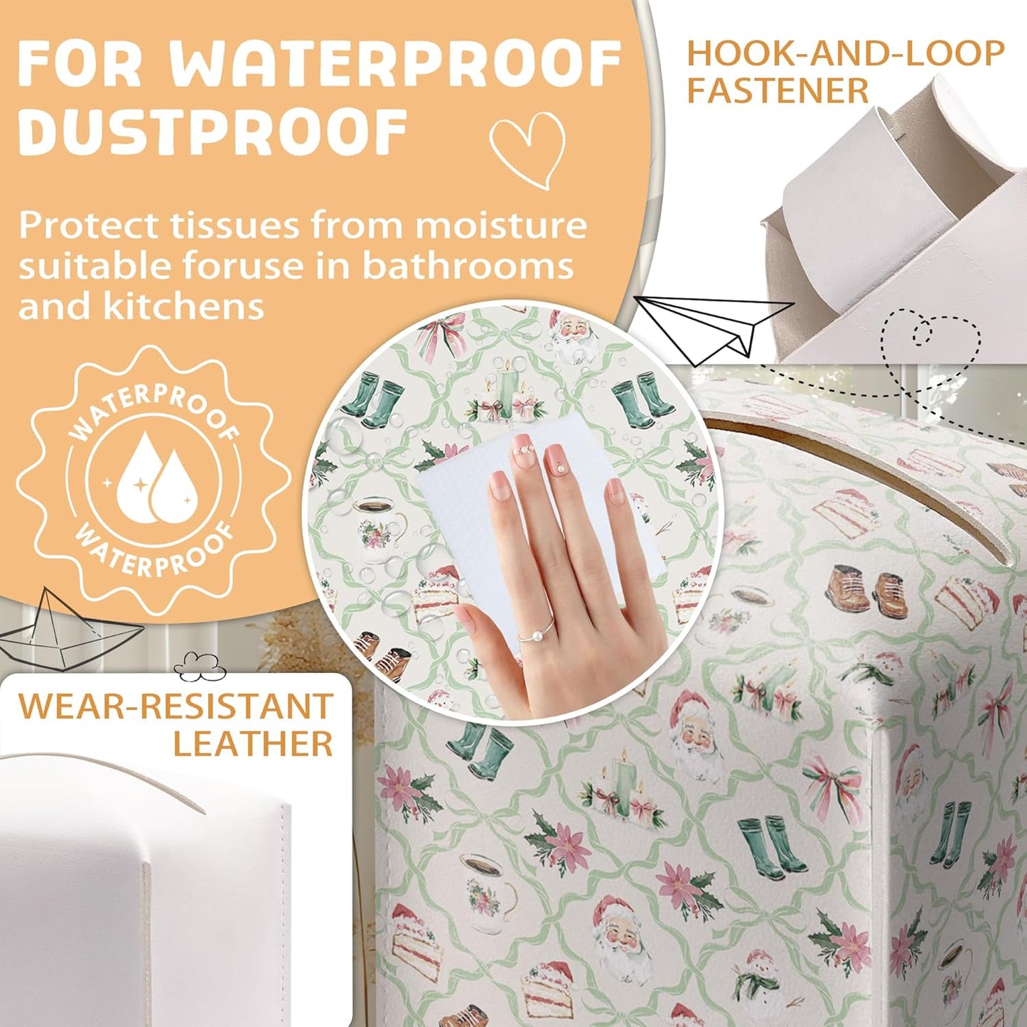 Christmas Tissue Box Holder, Watercolor Doodles Christmas Leather Tissue Box Cover Square with Bottom Belt, Paper Facial Decorative Tissues Cover for Bathroom Office Home Decor-B05