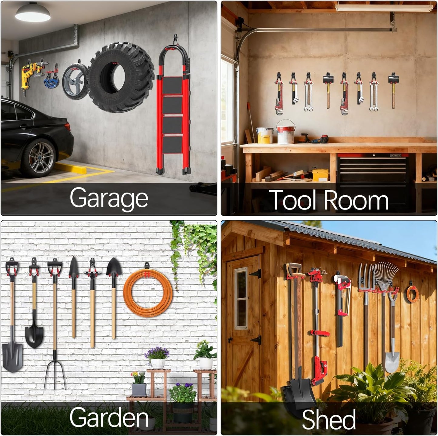3-H Garage Wall Hooks 31 Pack, Garage Hooks Heavy Duty with Extra Welding Spots, Garage Organizer for Garden, Lawn, Yard Tools, Chairs, Ladders, Weed Eater, Shovel, Blower (Red)