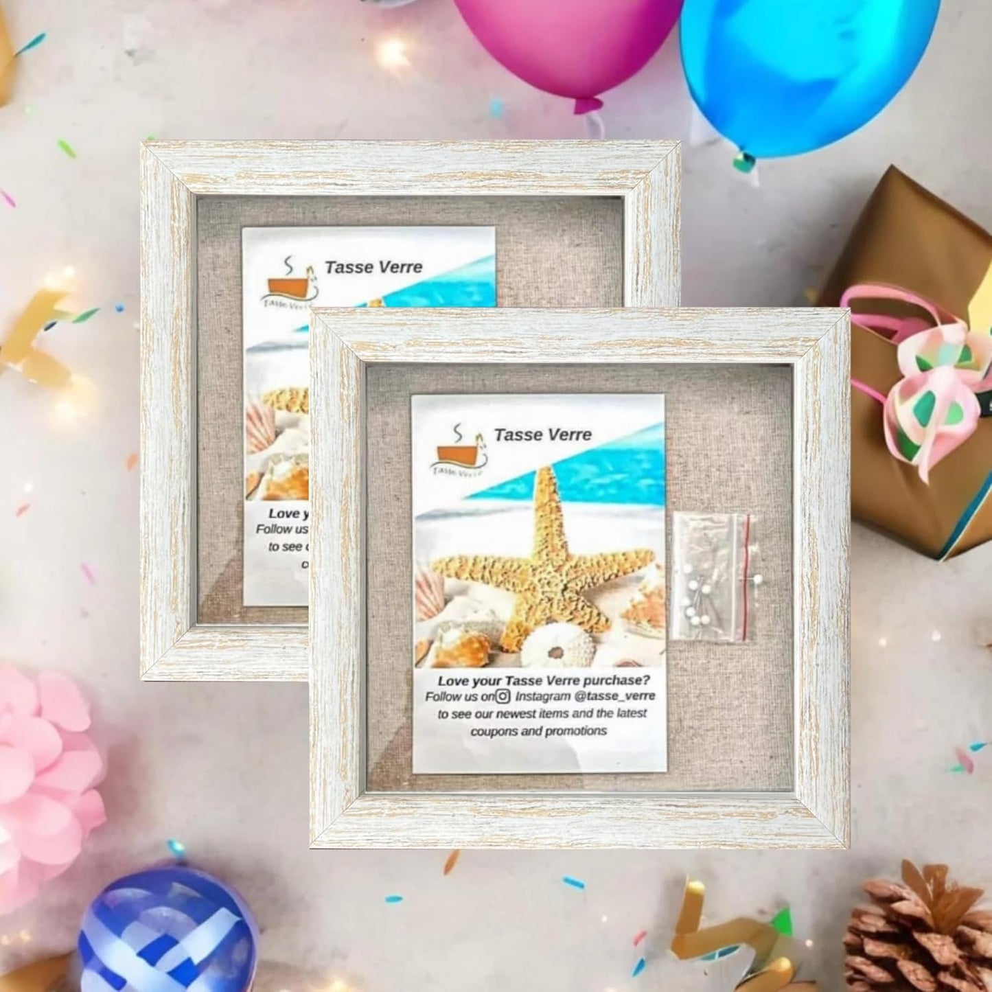 Tasse Verre 8x8 Rustic Display Shadow Box (2-Pack) Frame w/Linen Background and 16 Stick Pins - Ready to Hang Shadowbox Picture Frame - Box Display Baby Memorabilia Wedding