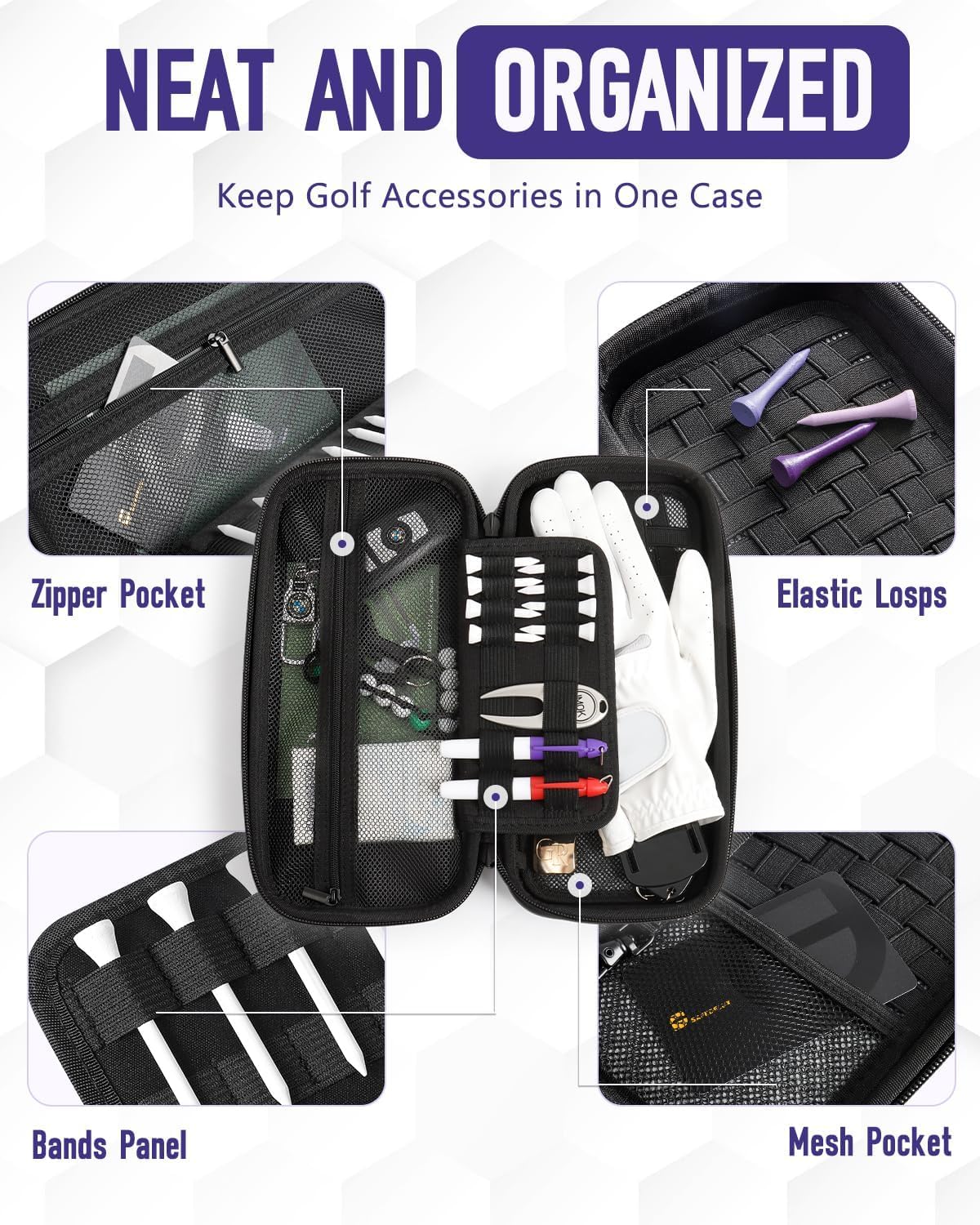 Odor-Absorbing Golf Glove Holder Case for Men Women with Glove Shaper - Fits Golf Club Bag, Golf Organizer Storage for Phone, Tees, Divot Tool, Ball Markers, Golf Gifts for Men Women