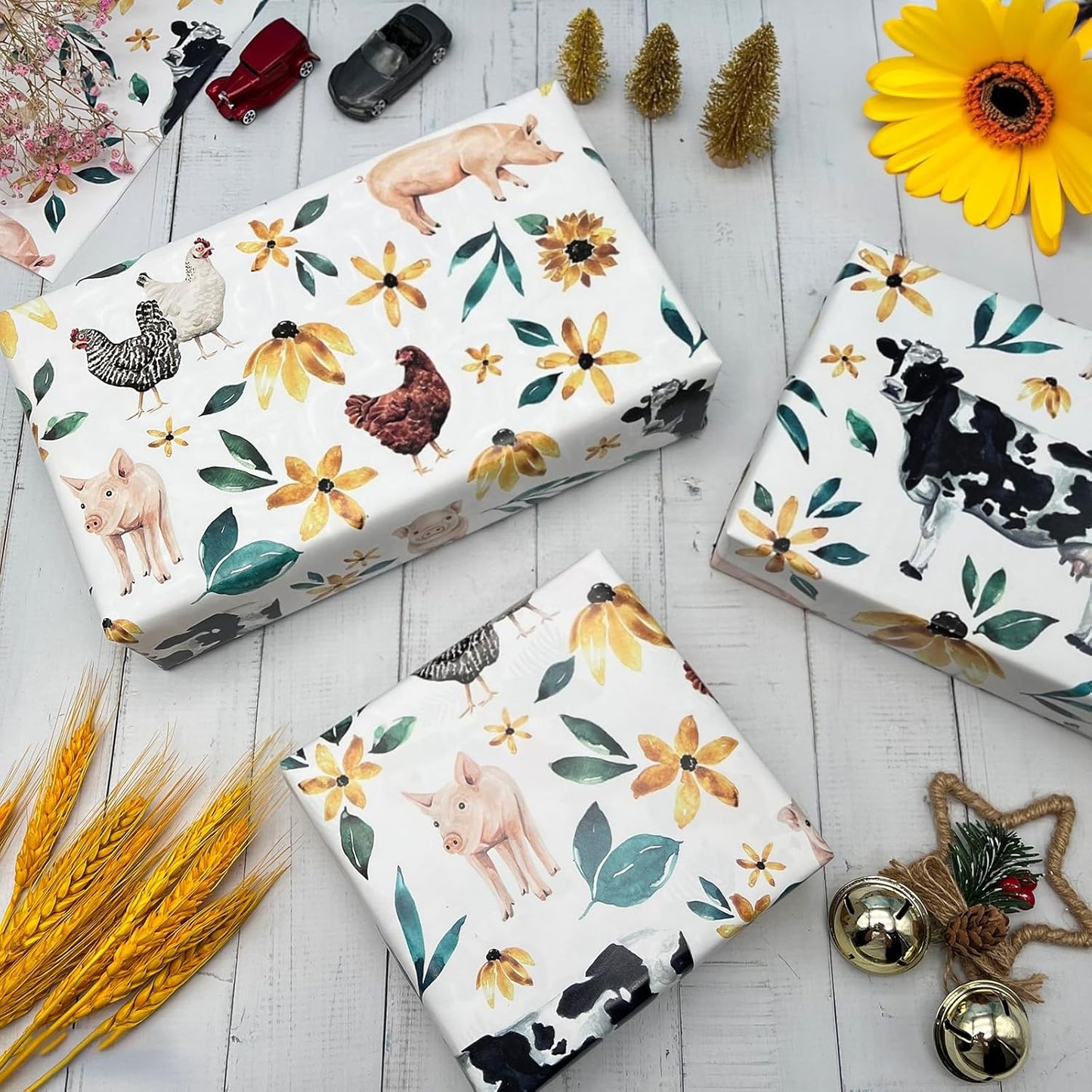 Dtiafu Farmhouse Wrapping Paper Folded Flat Cow Chicken Boho Floral Gift Wrap Bulk Cute Farm Animal Art Paper for Christmas Holiday Birthday - 20 x 28 Inch Per Sheet (6 Sheets)