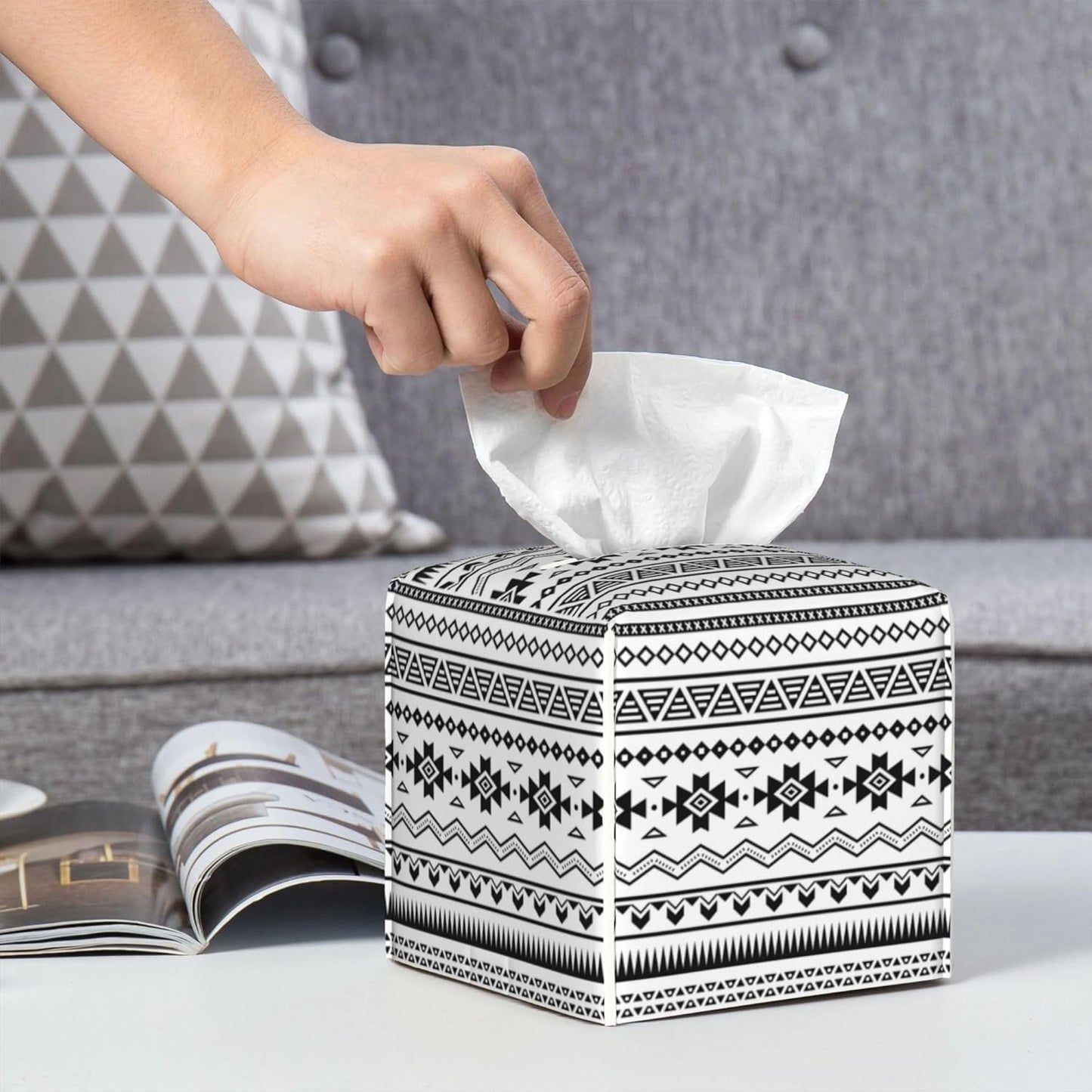 Boho Black White Geometric Tissue Box Cover Square,Abstract Tribal Symbol Tissue Box Holder Waterproof Leather Facial Paper Organizer Dispenser for Bathroom Home Car Nightstand Vanity Desk