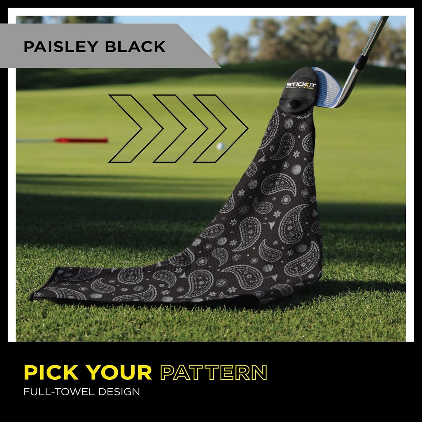 STICKIT Magnetic Golf Towel, Black Paisley | Top-Tier Microfiber Golf Towel with Deep Waffle Pockets | Industrial Strength Magnet for Strong Hold to Golf Carts or Clubs