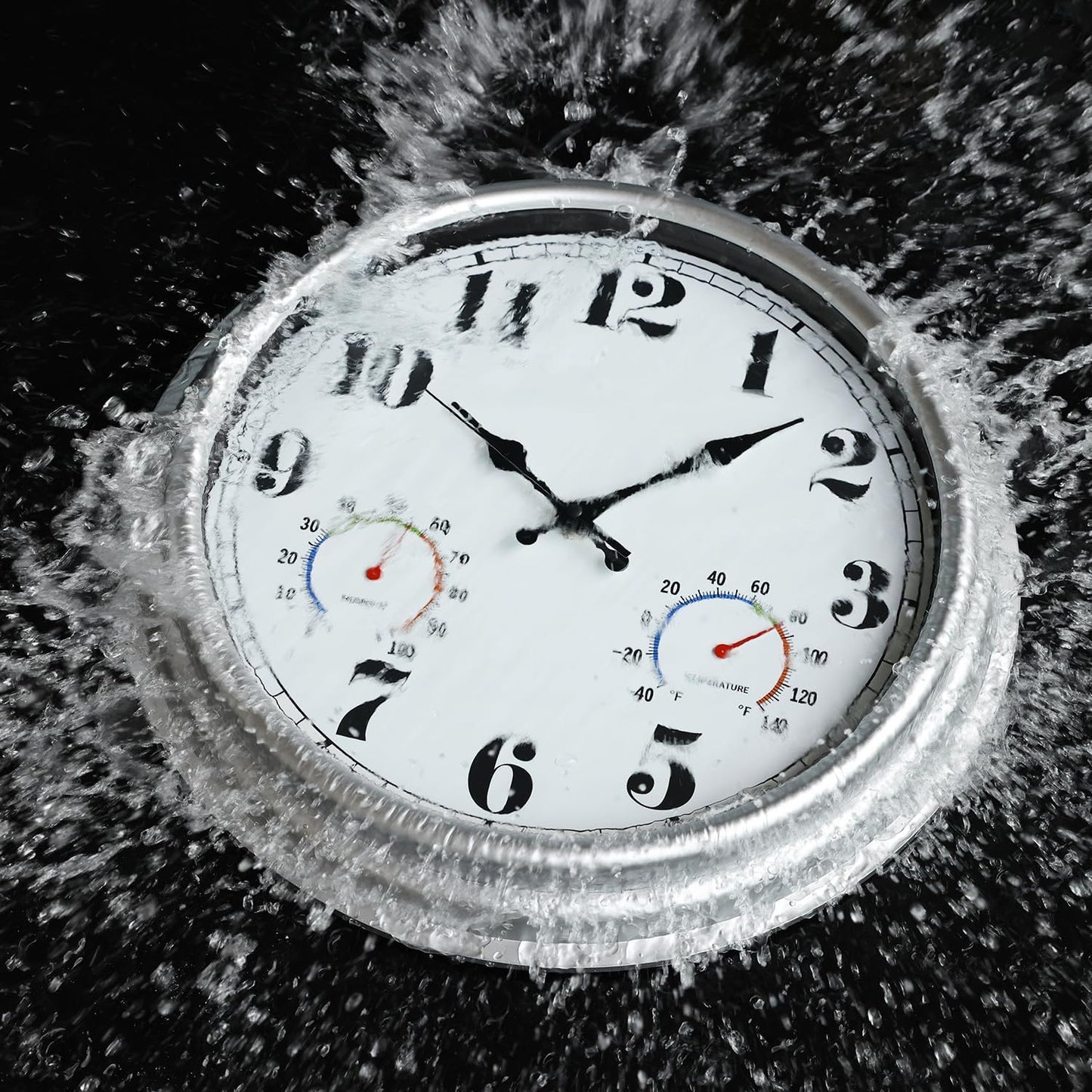 JENLYSTIME 16 Inch Silver Vintage Waterproof Indoor/Outdoor Wall Clock with Thermometer & Hygrometer, Large Numerals & Silent Sweep Movement - Ideal for Porch, Garden, Pool