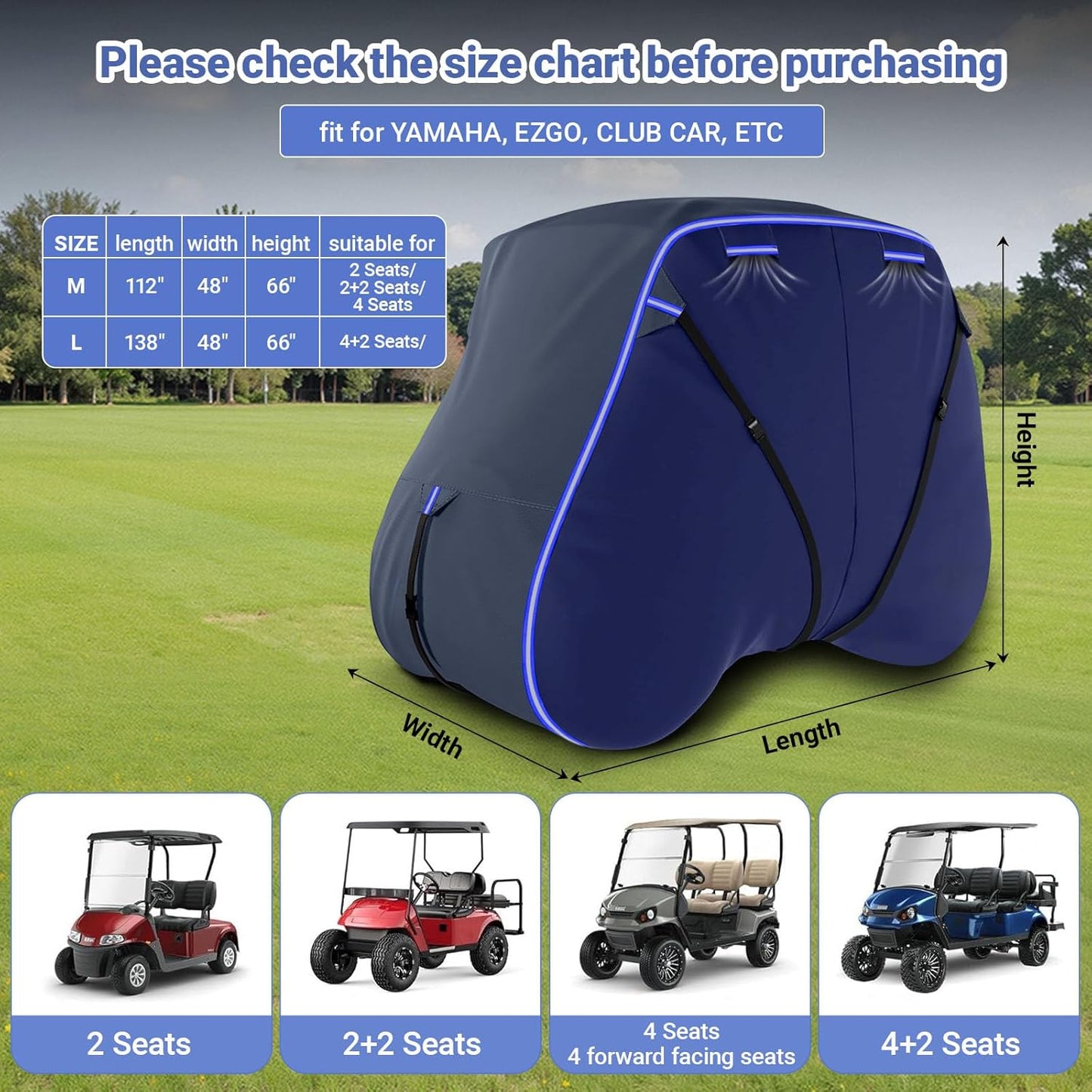 Golf Cart Cover Suitable 6/4+2 Passenger for Yamaha/EZGO Club Cart Heavy Duty 420D Waterproof Windproof Golf Cart Cover All-Weather Protection with Zipper Door Blue/Gray