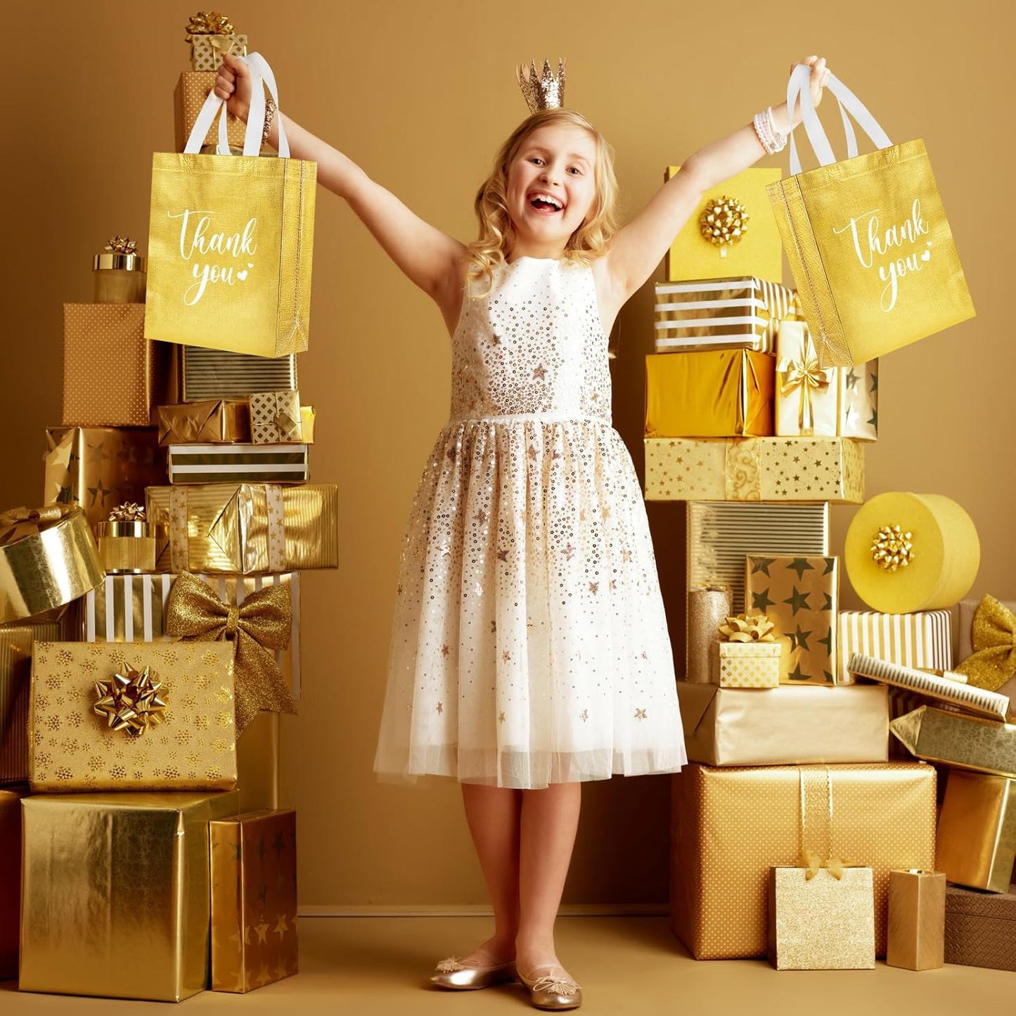 Sweetude 30 Pcs Thank You Gift Bags with Handles Bulk Reusable Goodie Bag Non Woven Foldable Handbag for Graduation Wedding Bridesmaid Gifts (10 x 8 x 4 Inch,Gold)