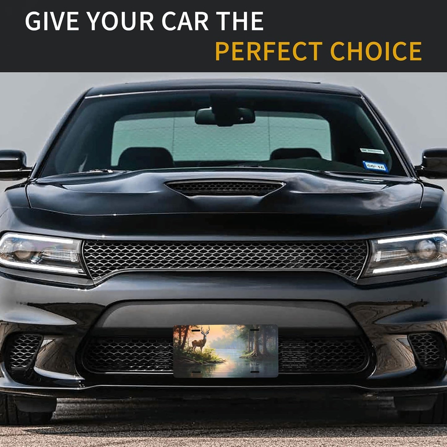 Front License Plate for Car Designs Lake Animal Deer Forest Stainless License Plate Cover Holder for Men Women Metal Aluminum Decorative Accessory Vanity Tag Standard 6 X 12 Inch (4 Holes)