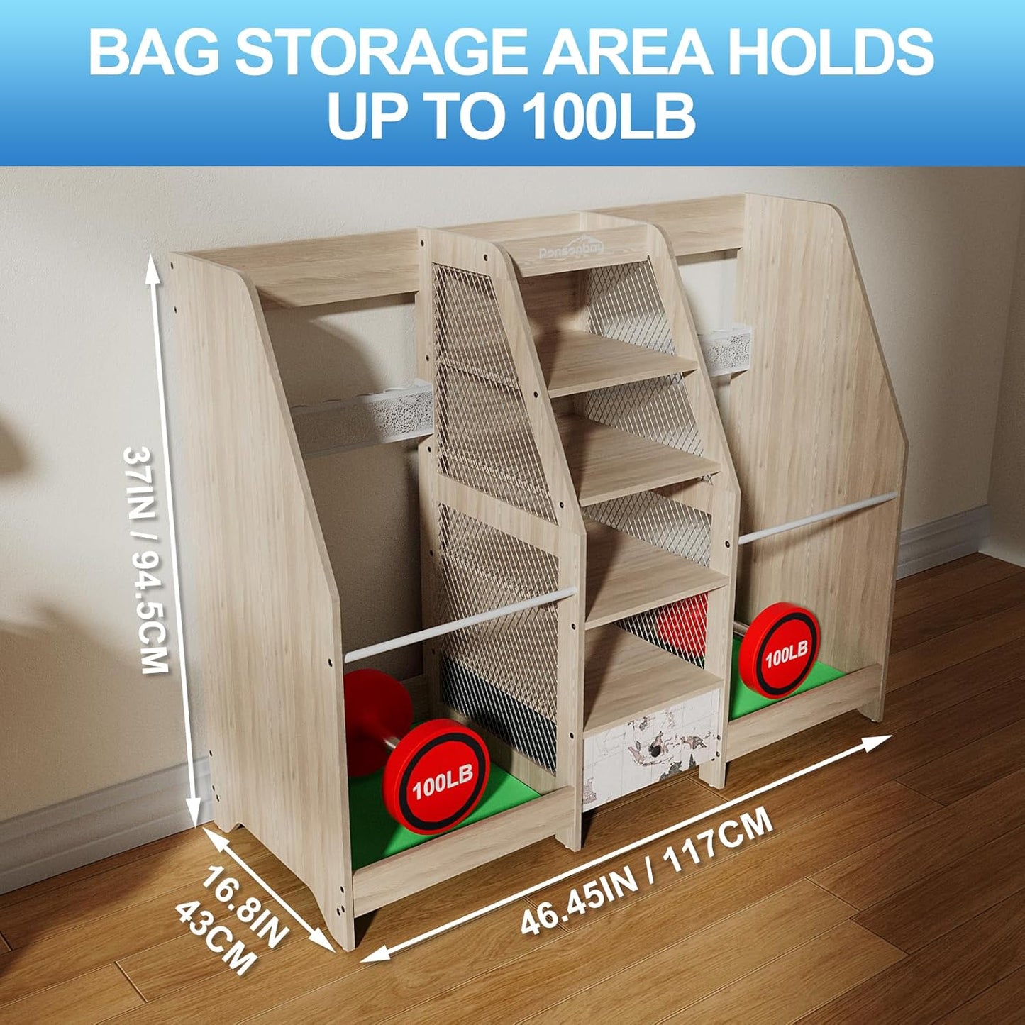 Golf Bag Storage Organizer for Garage, Premium Wooden 2 Golf Bags Rack with Drawer, Easy Assemble Golf Club Stand/Holder Suitable for Garage Home Simulator and Office