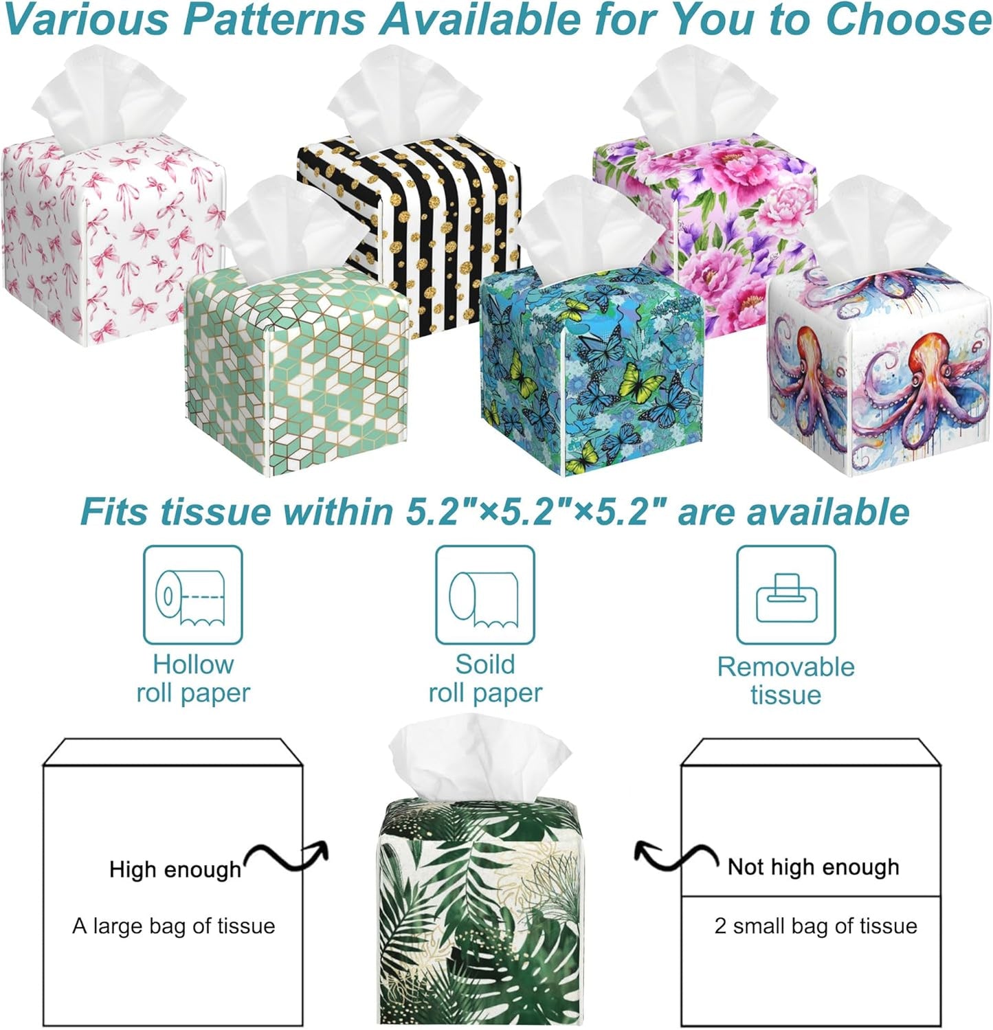 Exotic Palm Leaves Tissue Box Cover,Tissue Box Holder Square with Bottom Belt,Waterproof Leather Organizer Portable Decorative Facial Paper for Bedroom Night Stand Office Desk,5.2" x 5.2" x 5.2"