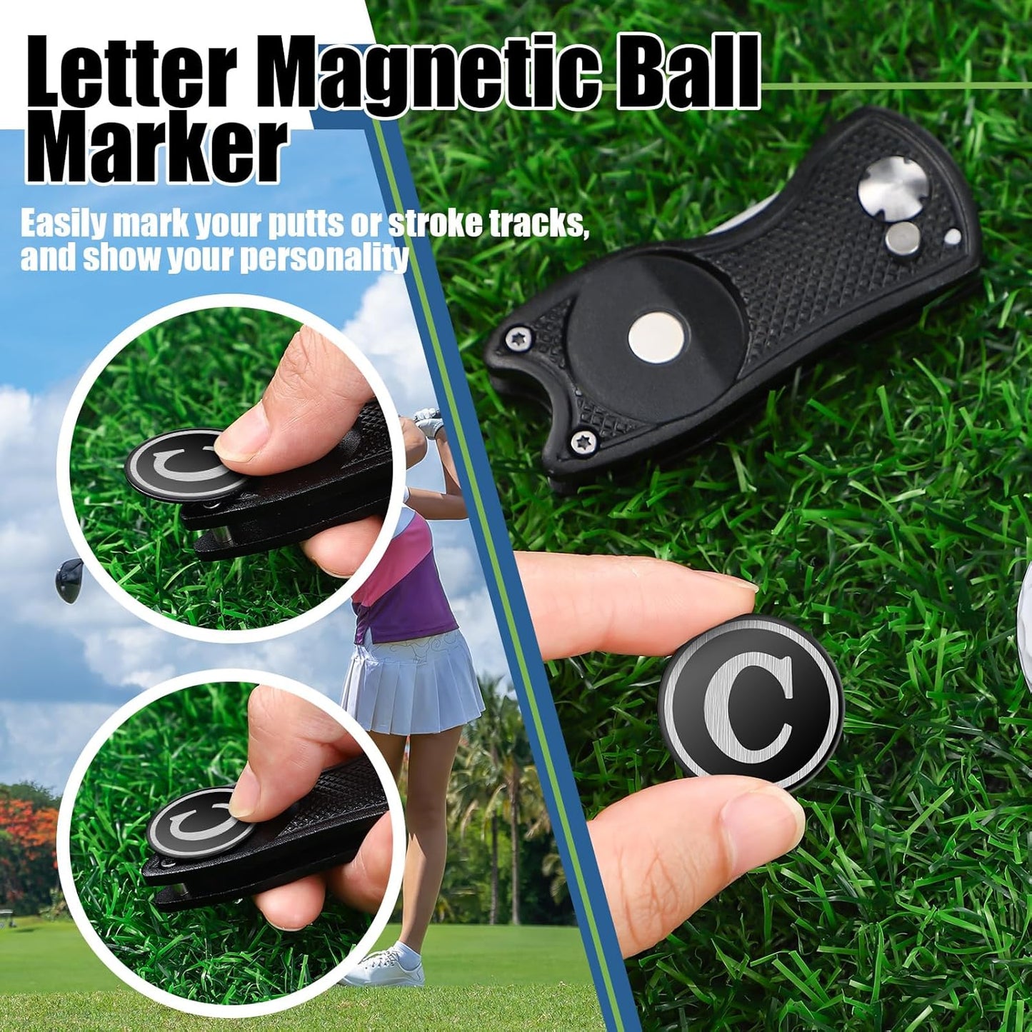 Golf Divot Repair Tool with Letter Custom Monogrammed Initial Ball Marker Divot Tool Foldable Metal with Magnetic Putt Alignment Golf Gifts for Men Father Golfer Christmas