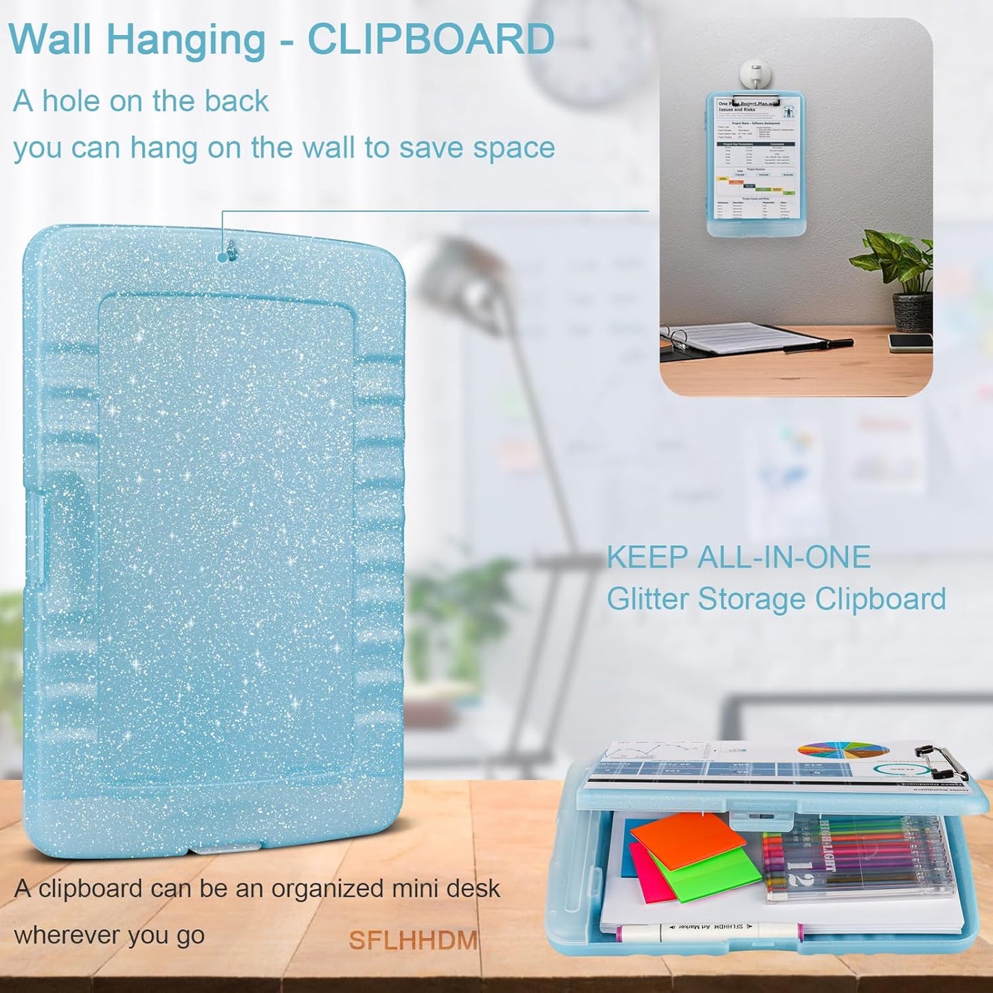 Glitter Clipboard with Storage,Storage Clipboard with Pen Holder,A4 Binder Clip Boards 8.5x11 with Low Profile Clip,Side Opening Sparkle Clipboards, Clipboards Folder for Office Supplies-Aqua Blue