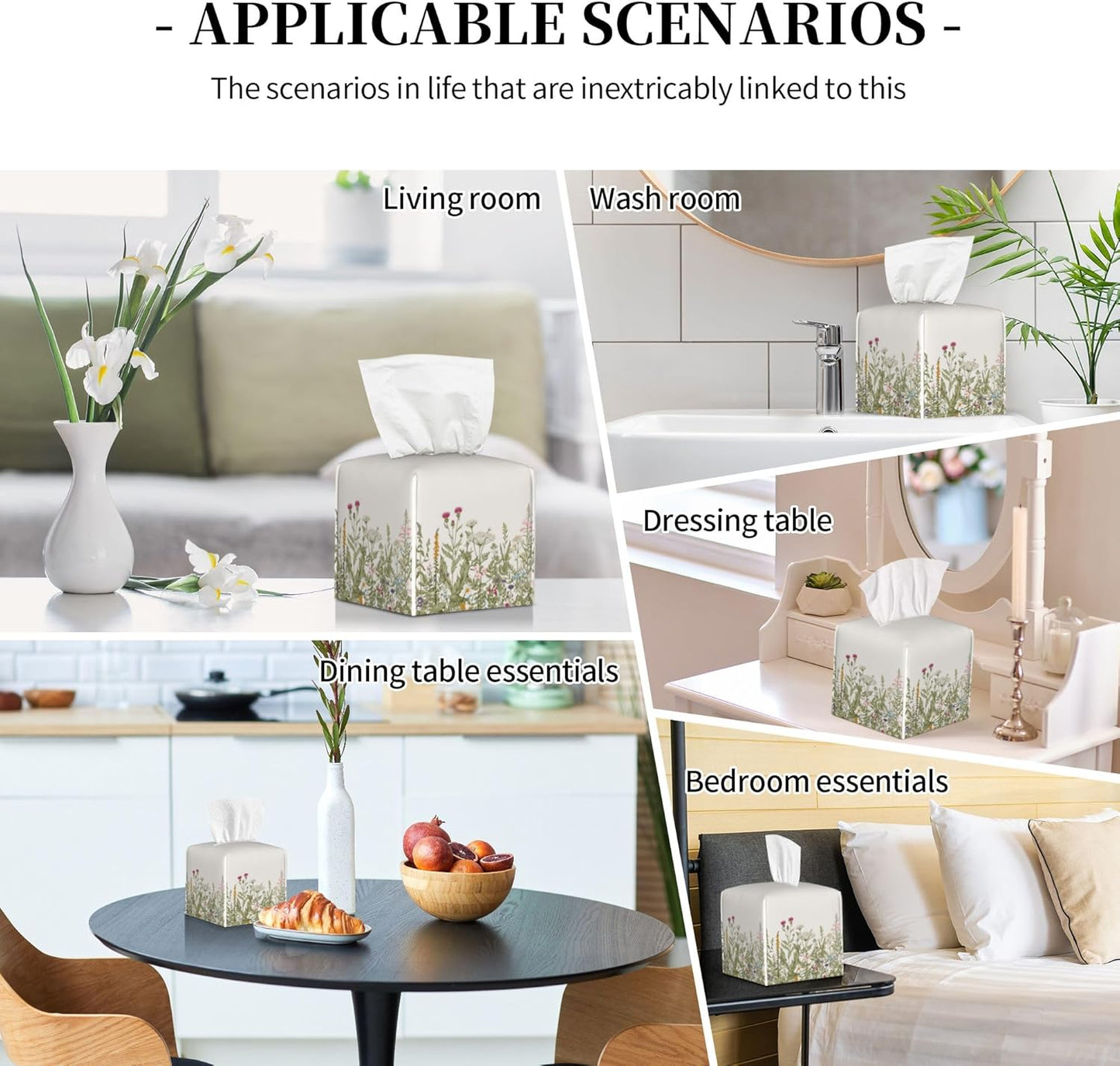 Tissue Box Cover Square, Herbs and Wild Flowers Leather Tissue Box Holder Decorative Organizer for Bathroom, Home Office Car Decor