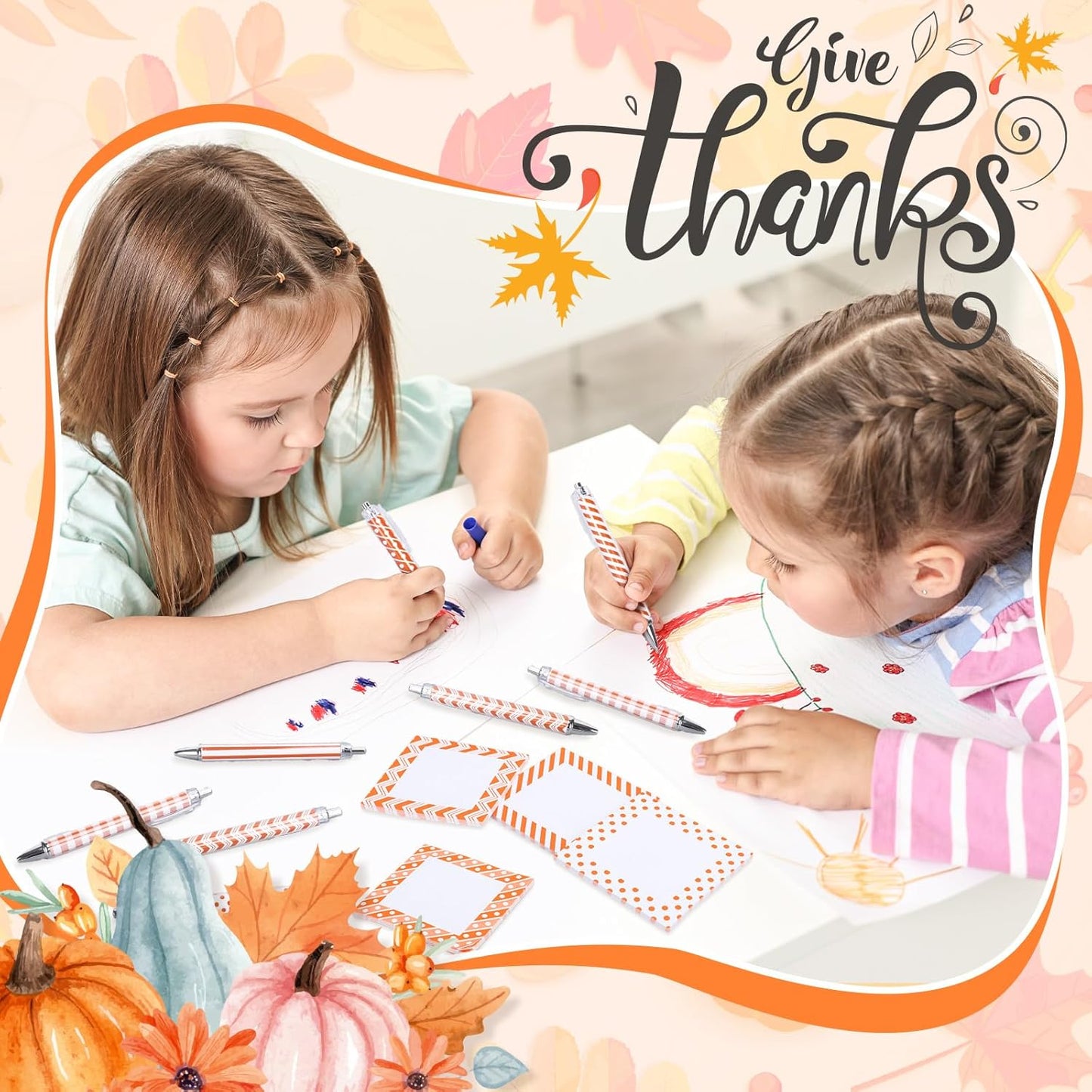 48 pcs Fall Stationery Set Orange-White Autumn Plaid Polka Dot Wave Line Sticky Note Pads with Ballpoint Writing Pens for Autumn Harvest Thanksgiving Party Favors Supplies