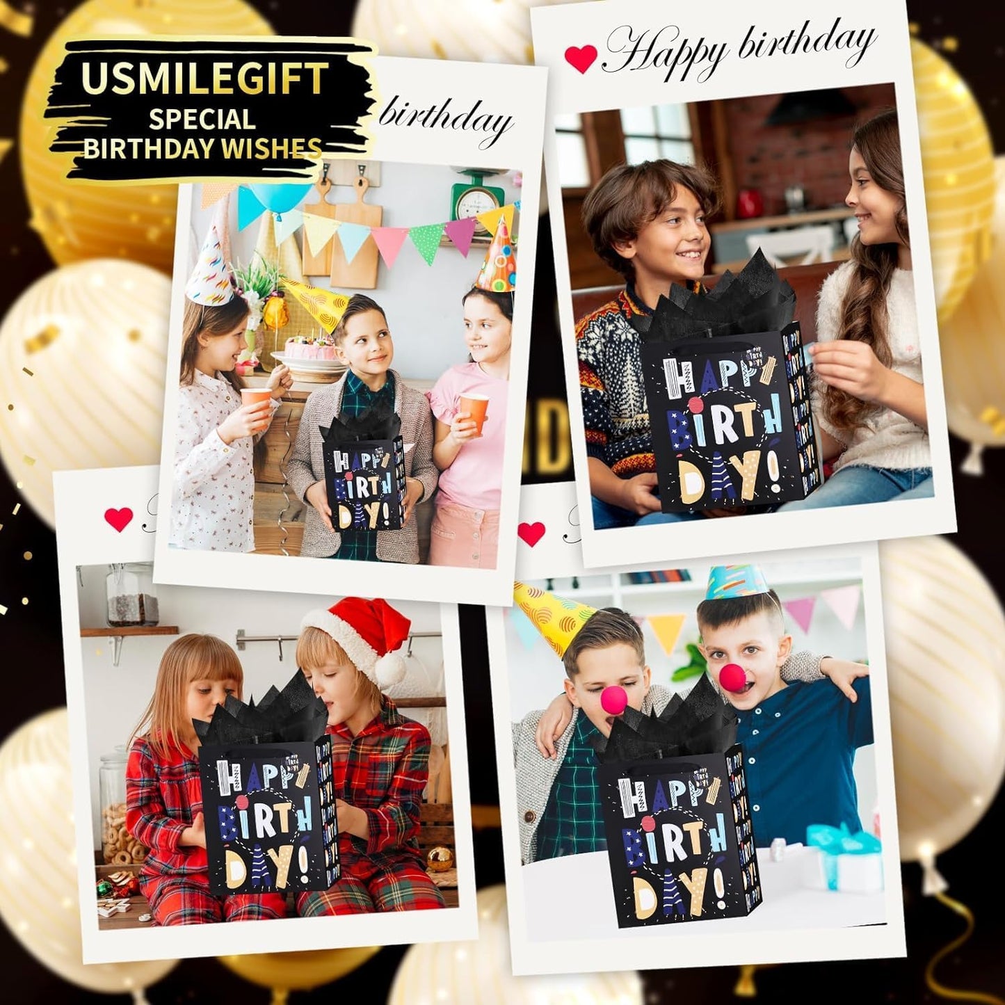 13" Black Happy Birthday Bags for Kids with Tissue Paper and Greeting Card for Party,Happy Birthday Gift Bag for Kids, Boys, Girls, Baby Boy,Men Women,Gift Bags Medium size (1 Pcs Black, Kids Gift Bag)