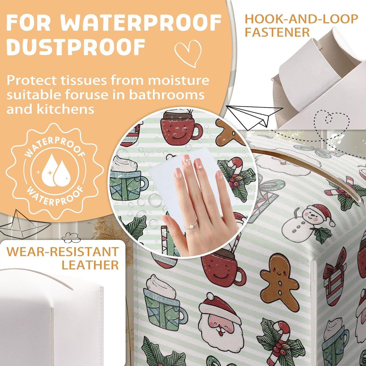 Merry Christmas Tissue Box Holder, Cute Santa Bow Leather Tissue Box Cover Square, Paper Facial Decorative Tissues Cover for Night Stands Bathroom Kitchen Office Home Decor-B30