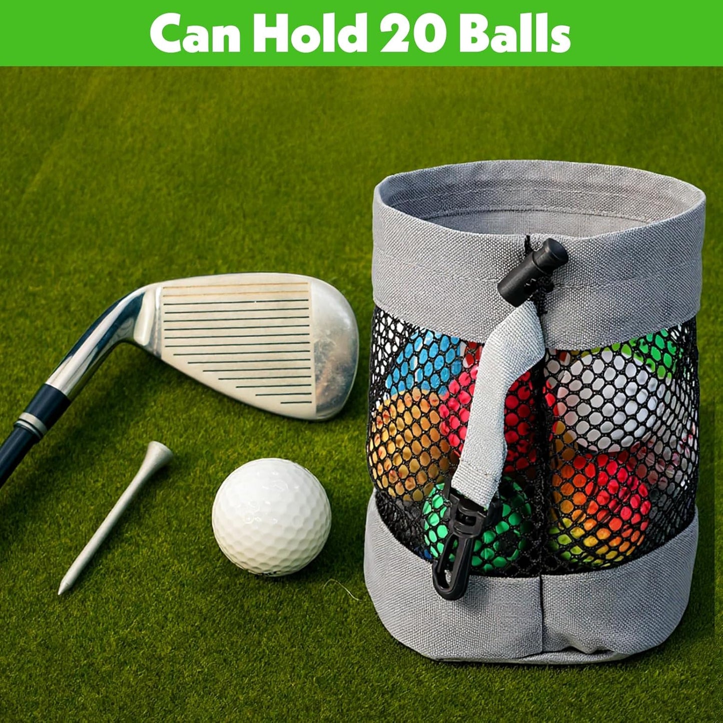 2 Pcs Golf Ball Pouch, Nylon Mesh Golf Ball Bag, 13 x 18cm/ 5.1 x 7.1 in Drawstring Golf Bag Organizer with Hook, Mesh Ball Bags for Billiards, Tennis, Kids Toys Storage, Grey