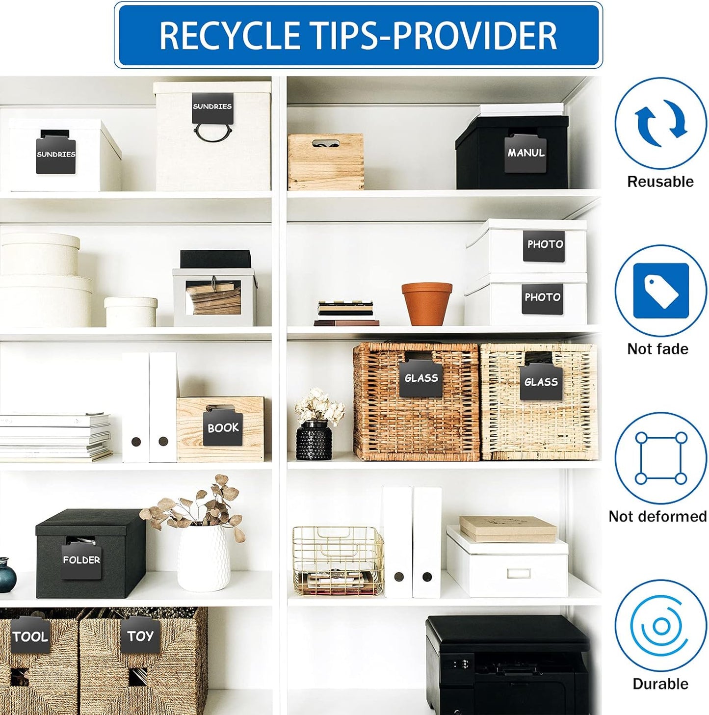 32 Pieces Basket Labels Clip Set, Include 30 Pieces Kitchen Clip Label Holder Removable PVC Bin with 2 Pieces Chalk Marker for Basket Pantry Organization Box (Black Label Clip, White Pen)