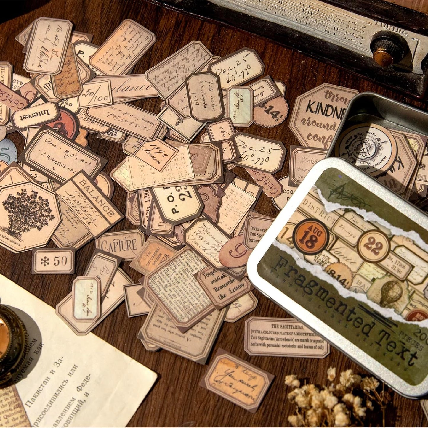 Vintage Fragmented Label Stickers, 400 PCS Washi Ephemera for Scrapbooking, Journaling, Crafting, DIY Projects, Diaries, and Art Supplies - 2 Iron Boxes Included