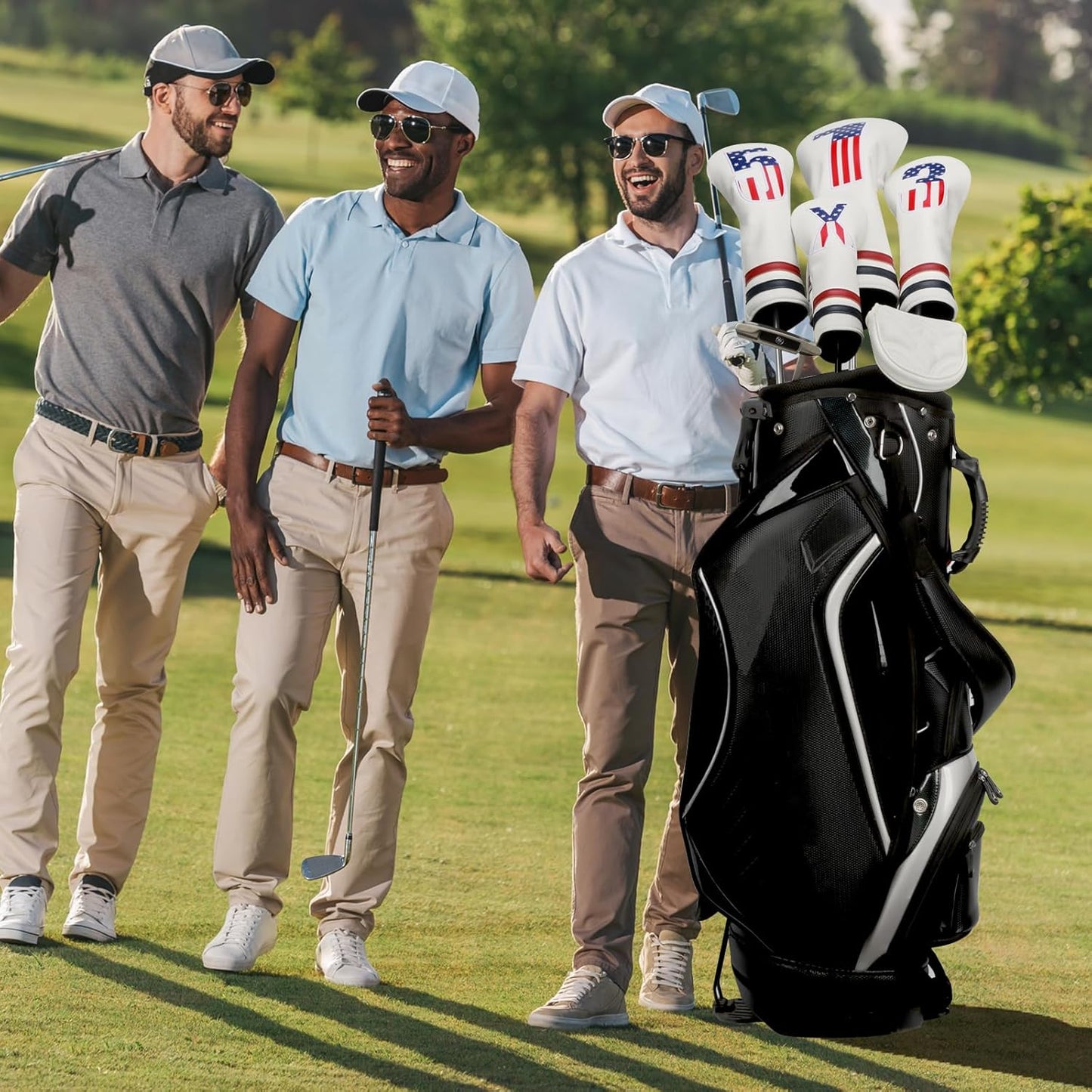 Golf Head Covers, 4pcs or 1pc USA Stars and Stripes Golf Club Covers for Woods and Driver Fairway Hybrid, PU Leather Golf Club Head Covers for Men Women with Interchangeable Tags, Fits Most Golf Clubs