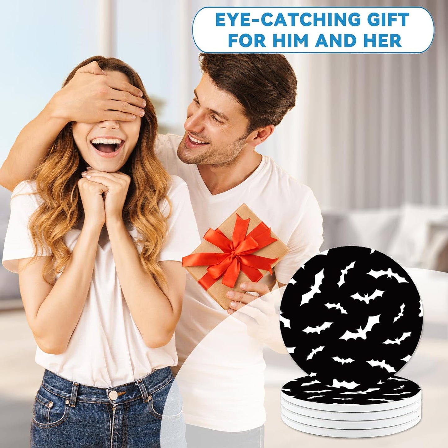 Drinks Coasters Set of 4, Bat Round 4" Cup Coasters, Absorbent Ceramic Stone Coasters with Cork Base, Cute Coasters for Table Home Décor, Ideal Gifts for Women Men