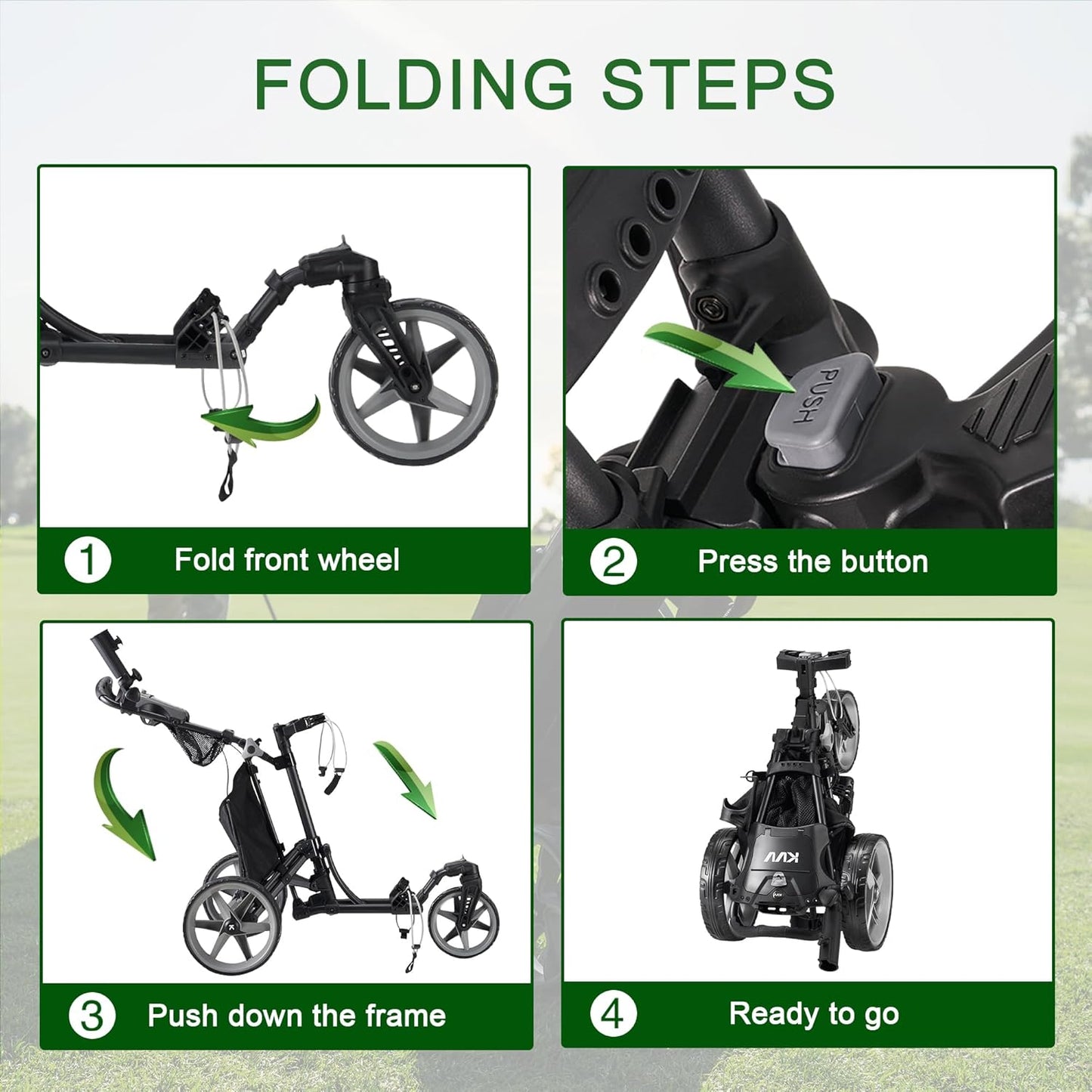 KVV 3 Wheel 360 Rotating Front Wheel Golf Push Cart Open and Close in ONE Second-Free Umbrella Holder Included