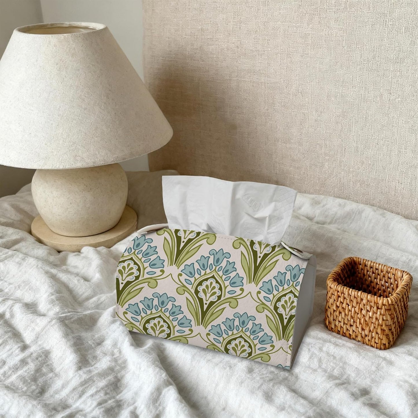 Green and Blue Floral Tissue Box Cover Holder – Rectangular Tissue Organizer, Decorative Napkin Box Case for Home, Office & Car