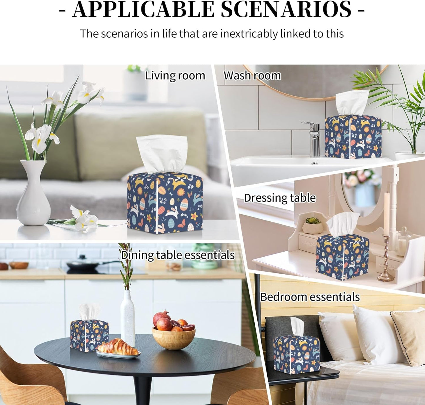 Tissue Box Cover Holder, Colorful Easter Bunnies Eggs and Flowers PU Leather Square Tissue Box Cover Decorative Organizer for Bathroom Kitchen Bedroom Vanity Countertop Night Stands