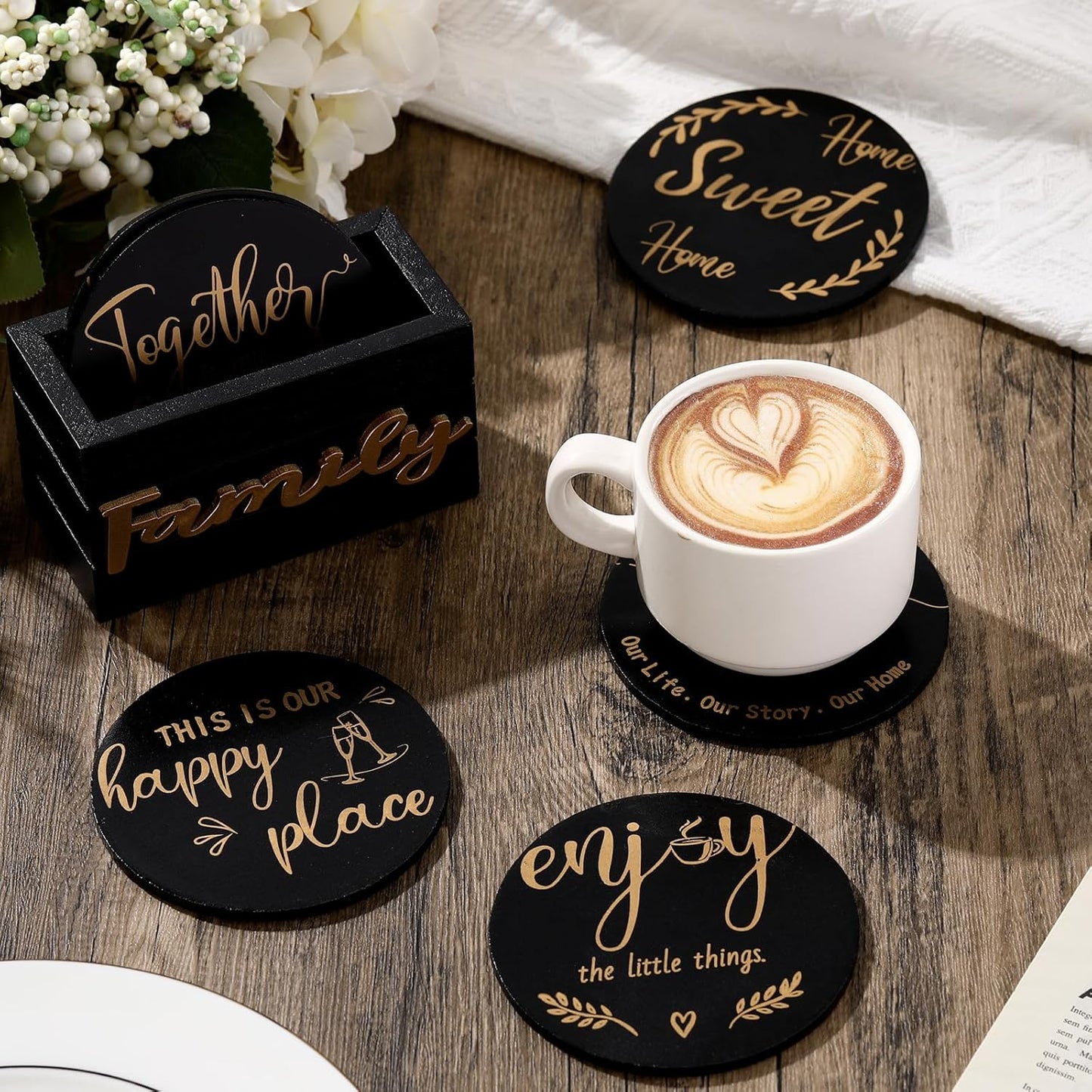 Queekay Housewarming Gifts for Home Decoration Wooden Heart Coasters for Drinks 6 Set Farmhouse Coasters with Holder Funny for Family Coffee Table Protection, 4''(Black Gold)