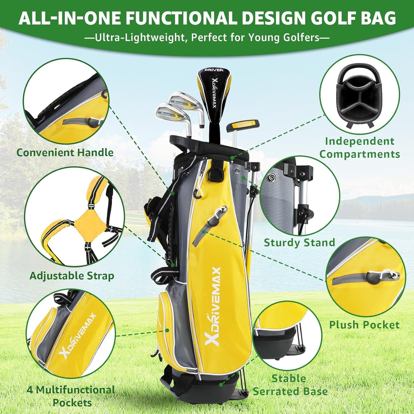 5/6 Pieces Kids Golf Club Set, Junior Golf Club Set Ages 4-12 Includes Stand Bag, 1# Drive, 5# Hybrid, 6/7#, 9/P# Irons and Putter Right Hand for Boys Girls