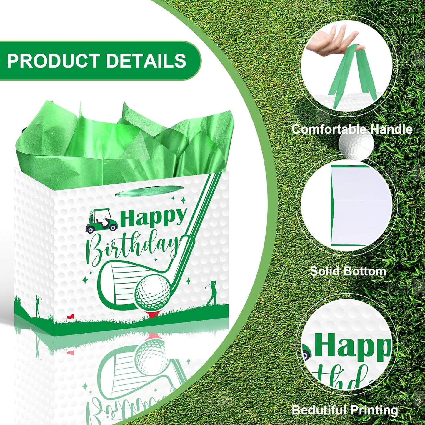 Luvsweets Golf Birthday Gift Bag - Green Gift Wrapping Bag with Tissue Paper and Greeting Card for Men Boys, Golf Party Favors, Sports Themed Birthday Decorations Supplies