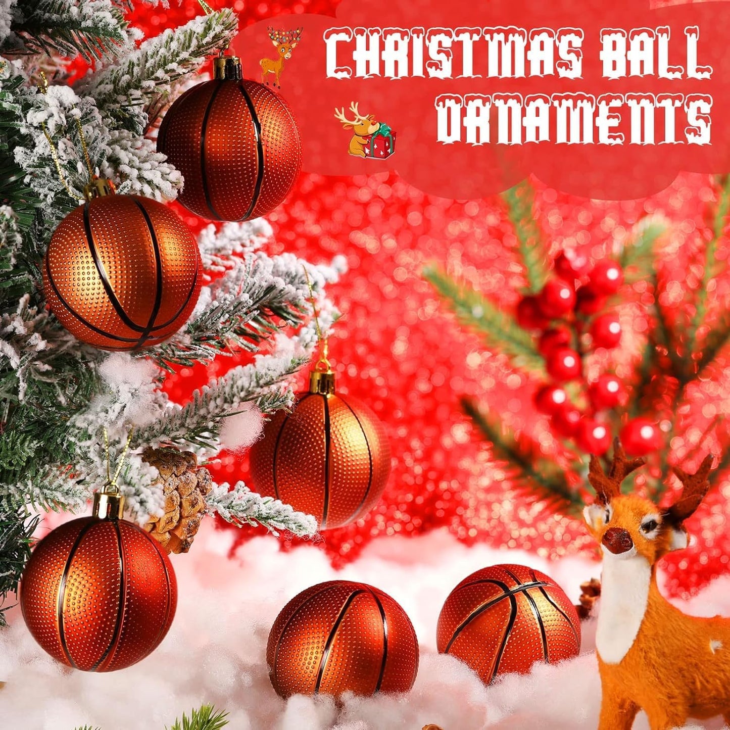 Leitee 12 Pcs Christmas Plastic Basketball 2.36 Inch Xmas Tree Ornaments with Hanging Loop Sports Theme Decorative Hanging Ornaments for Holiday Party Christmas Tree Home