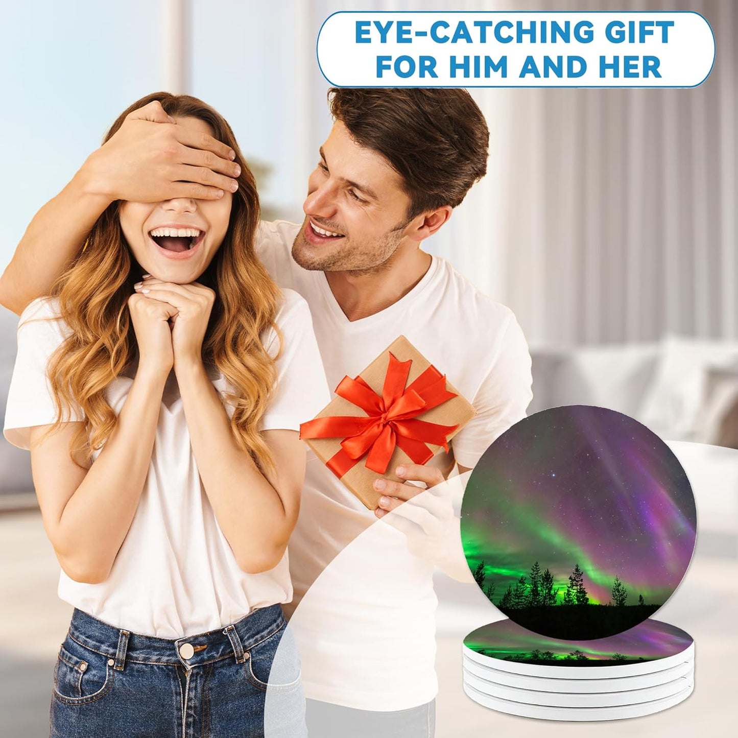 Drinks Coasters Set of 4, Aurora Round 4" Cup Coasters, Absorbent Ceramic Stone Coasters with Cork Base, Cute Coasters for Table Home Décor, Ideal Gifts for Women Men