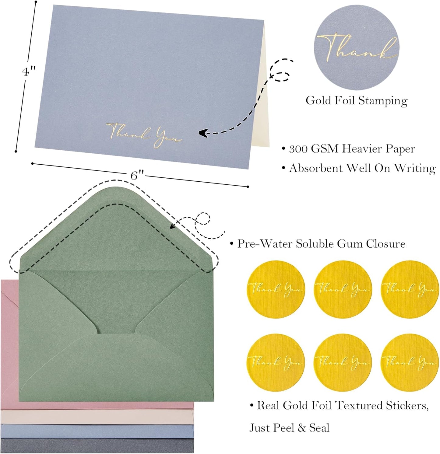 Crisky Morandi Thank You Cards with Envelopes & Stickers, 25 Pack Gold Foil Bridal Shower Graduation Thank You Cards Small Business, Wedding Baby Shower Birthday Funeral Notes Bulk