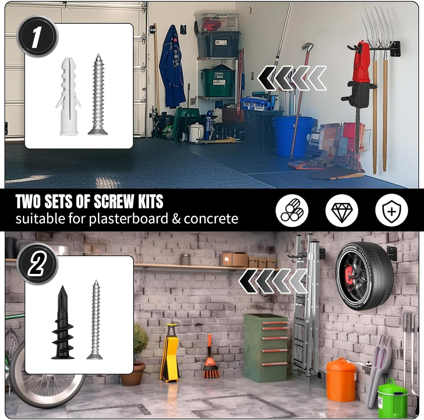 Heavy Duty Garage Hooks and Tool Organizer, Wall Mount Utility Storage Hangers for Car Tires, Ladders, Chairs, Garden Tools, Power Tools and More(2PC-12.4 Inches)