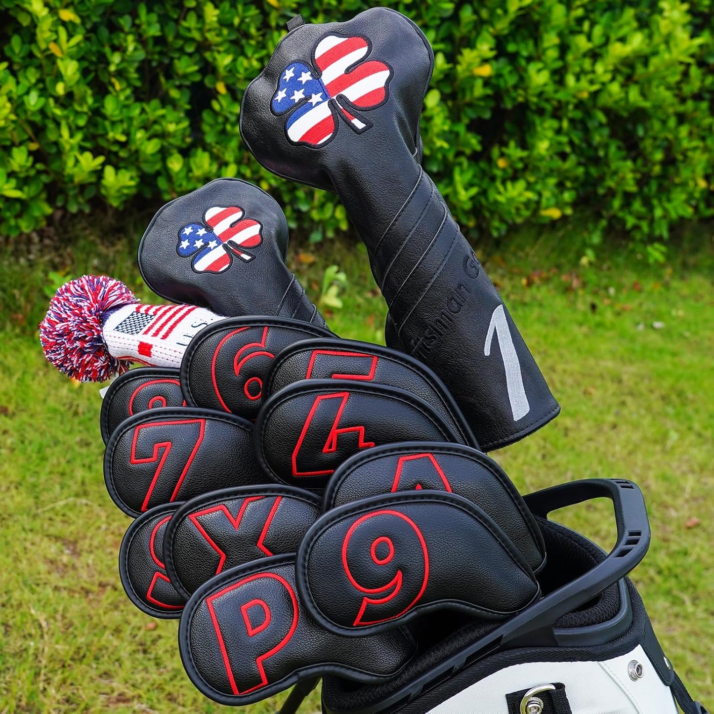 Craftsman Golf 10pcs Red No. on Both Sides Magnetic Closure Classic Black Leather Iron Headcover Covers Set Travel Cases Protector Available Custom with Name