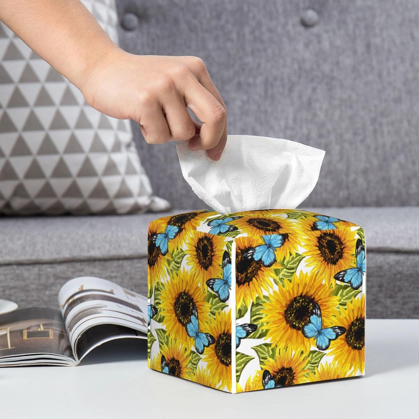 Sunflowers and Blue Butterflies Tissue Box Cover Square,Watercolor Sunflower Tissue Box Holder Waterproof Leather Facial Paper Organizer Dispenser for Bathroom Home Car Nightstand Vanity Desk