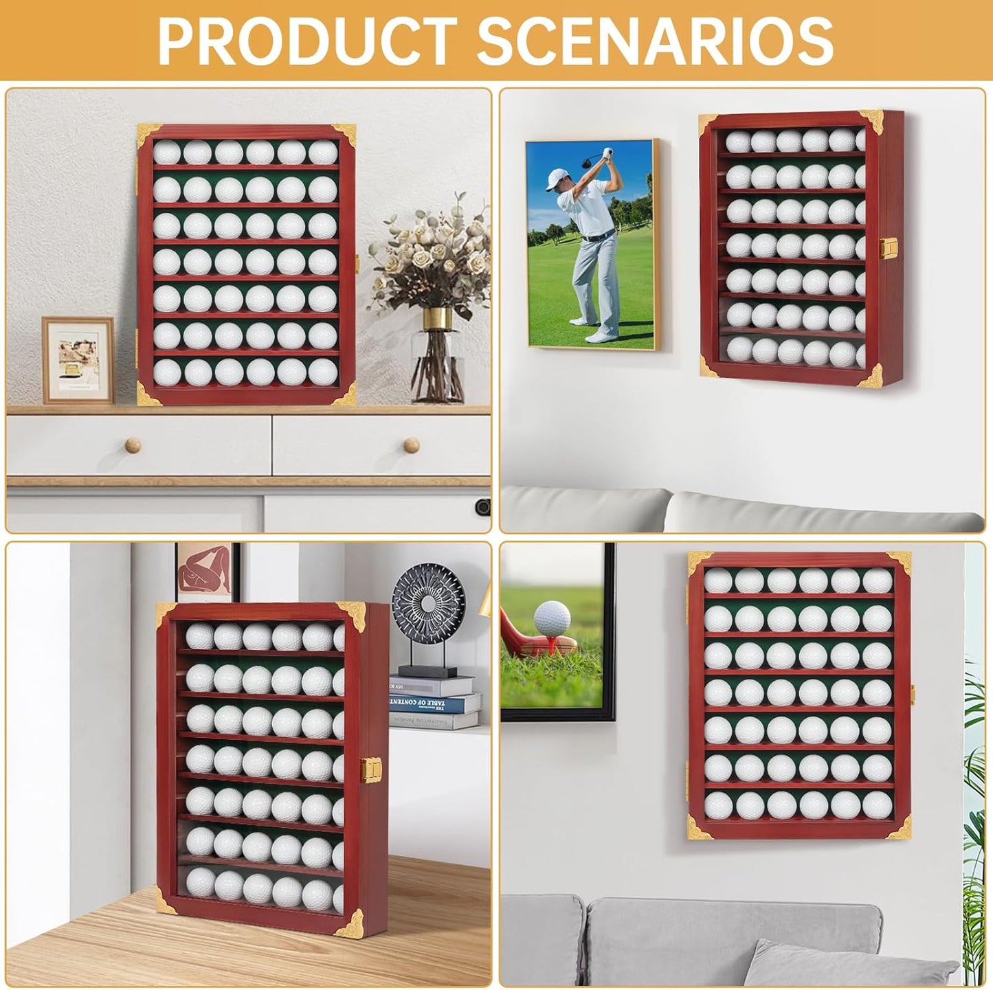 Golf Ball Display Case, Solid Wood Golf Ball Holder, Wall Mounted Golf Ball Rack with Acrylic Door for Golf Enthusiasts (Mahogany, for 42 Golf Balls)