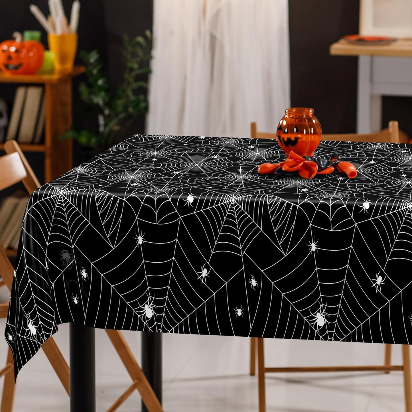 QZYL 6 PCS Spider Web Table Cloth, 54" x 108" Halloween Party Supplies, Black Plastic Tablecloth Disposable Table Cover, Halloween Birthday Party Decorations Decor Dinnerware Home