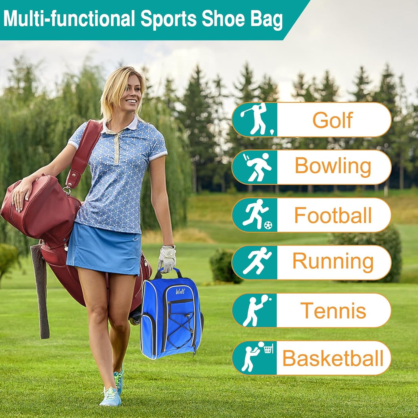 Wolt | Golf Shoe Bag for Travel- Zippered Shoes Carrier Bags with Ventilation & Double Outside Accessory Pocket for Socks, Tees, Golf Balls, etc. for women and men (Blue)