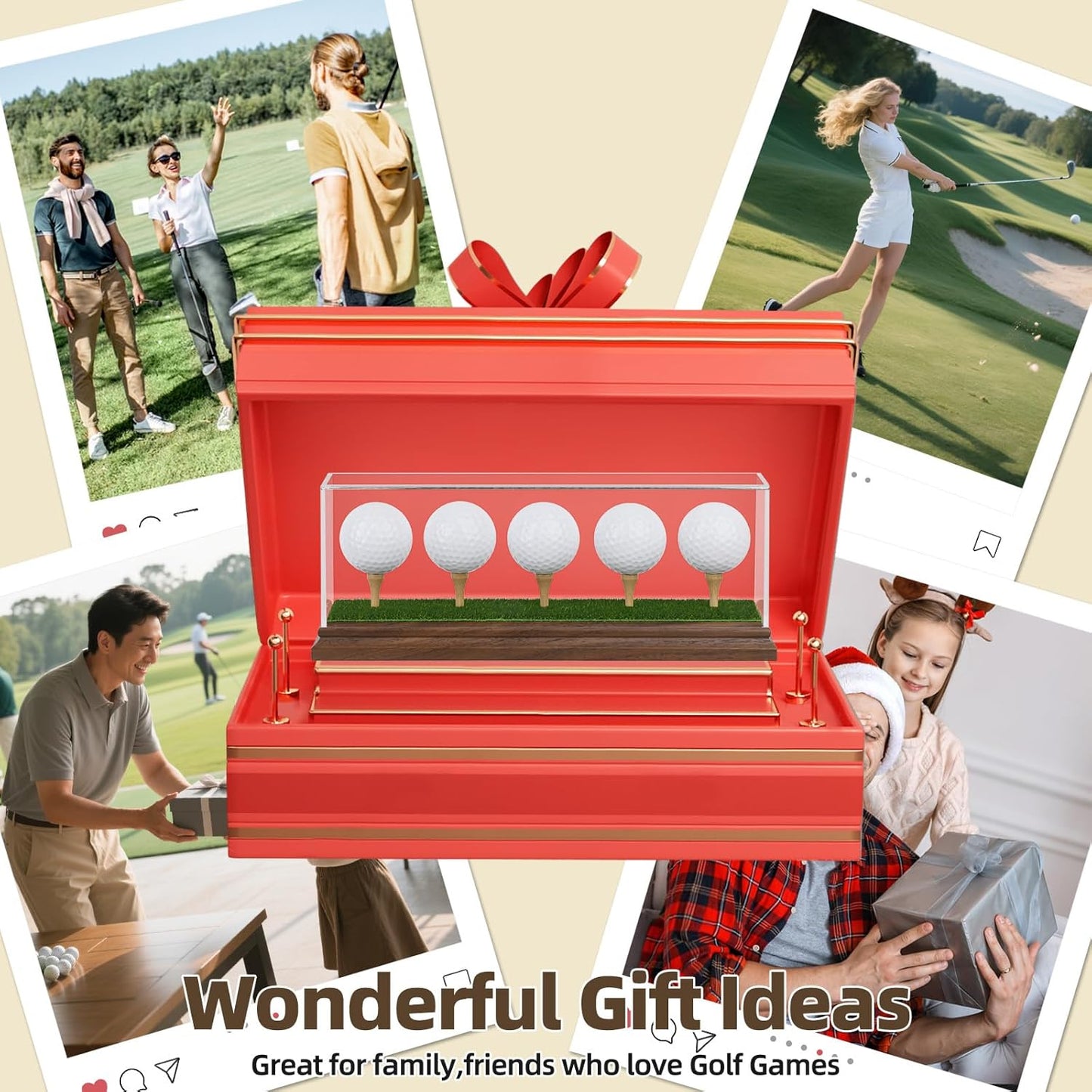 Golf Ball Display Case for 5 Golf Balls Holder Display Walnut Wood Base Acrylic Hole in One Golf Ball Case Display Uv Protection Golfball Stand Rack,Golf Office Decor Gifts for Men