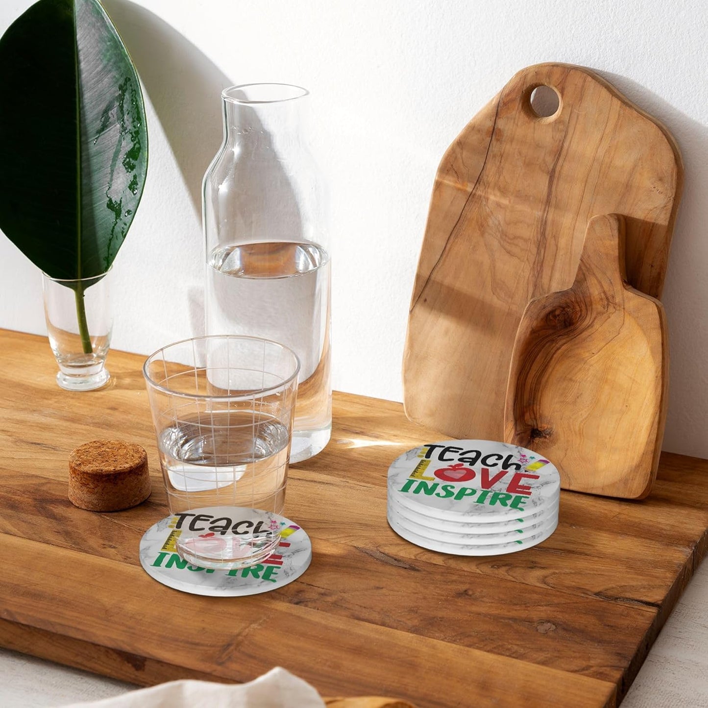 Teach Love Inspire Teacher Coasters for Drinks Set of 4, White Marble Absorbent Ceramic Drink Coasters for Coffee Table Wooden Table Cup Bar, 4 Inches