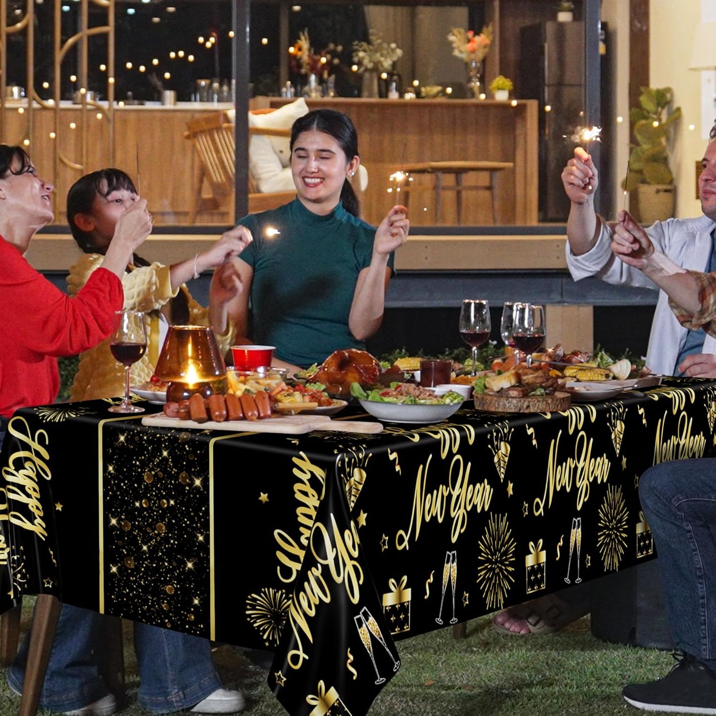 6 Pcs Happy New Year Tablecloth, 108" x 54" Rectangle Table Covers for New Years Eve Party Supplies, Black and Gold Firework Nye Tablecover 2026, Holiday Table Cover for NYE Party Supplies 2026 Decor