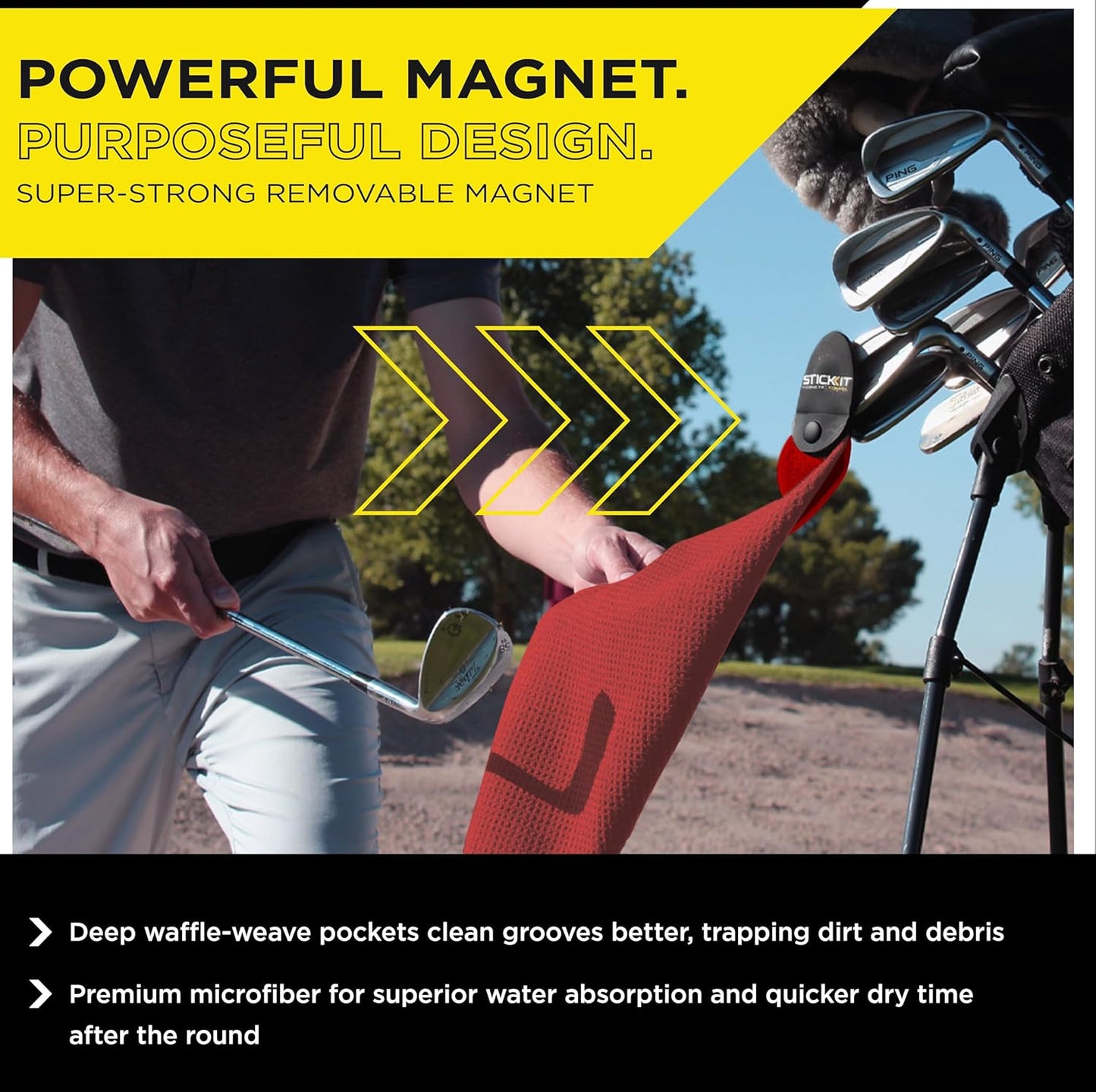 STICKIT Magnetic Golf Towel, Red, Premium 29" Microfiber with Deep Waffle Pockets, Industrial Strength Magnet for Secure Hold to Golf Carts & Clubs, Ultra-Absorbent, Fast-Drying, Easy-Clean Design